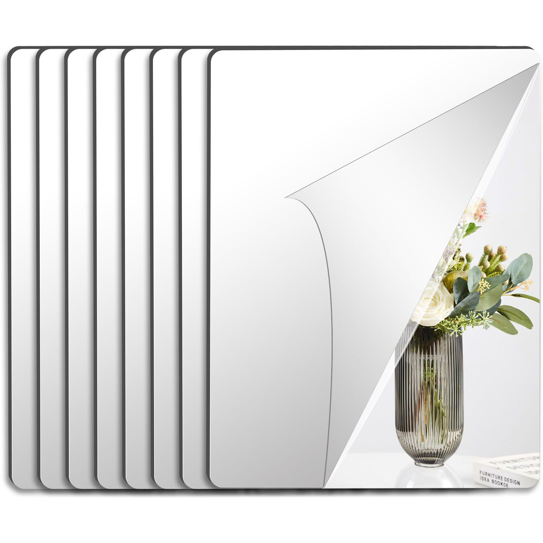 Junebrushs 8 Pack Self Adhesive Acrylic Mirror, 12X16 Inch Mirror Tiles,Flexible Mirror Sheets Wall Stickers,2Mm Thick Mirror,Frameless Small Mirror