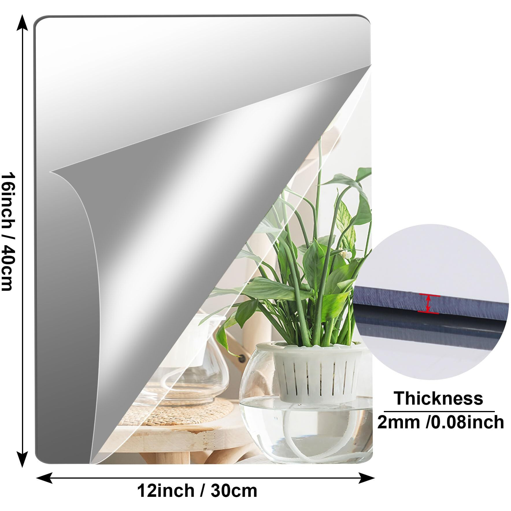 Junebrushs 8 Pack Self Adhesive Acrylic Mirror, 12X16 Inch Mirror Tiles,Flexible Mirror Sheets Wall Stickers,2Mm Thick Mirror,Frameless Small Mirror