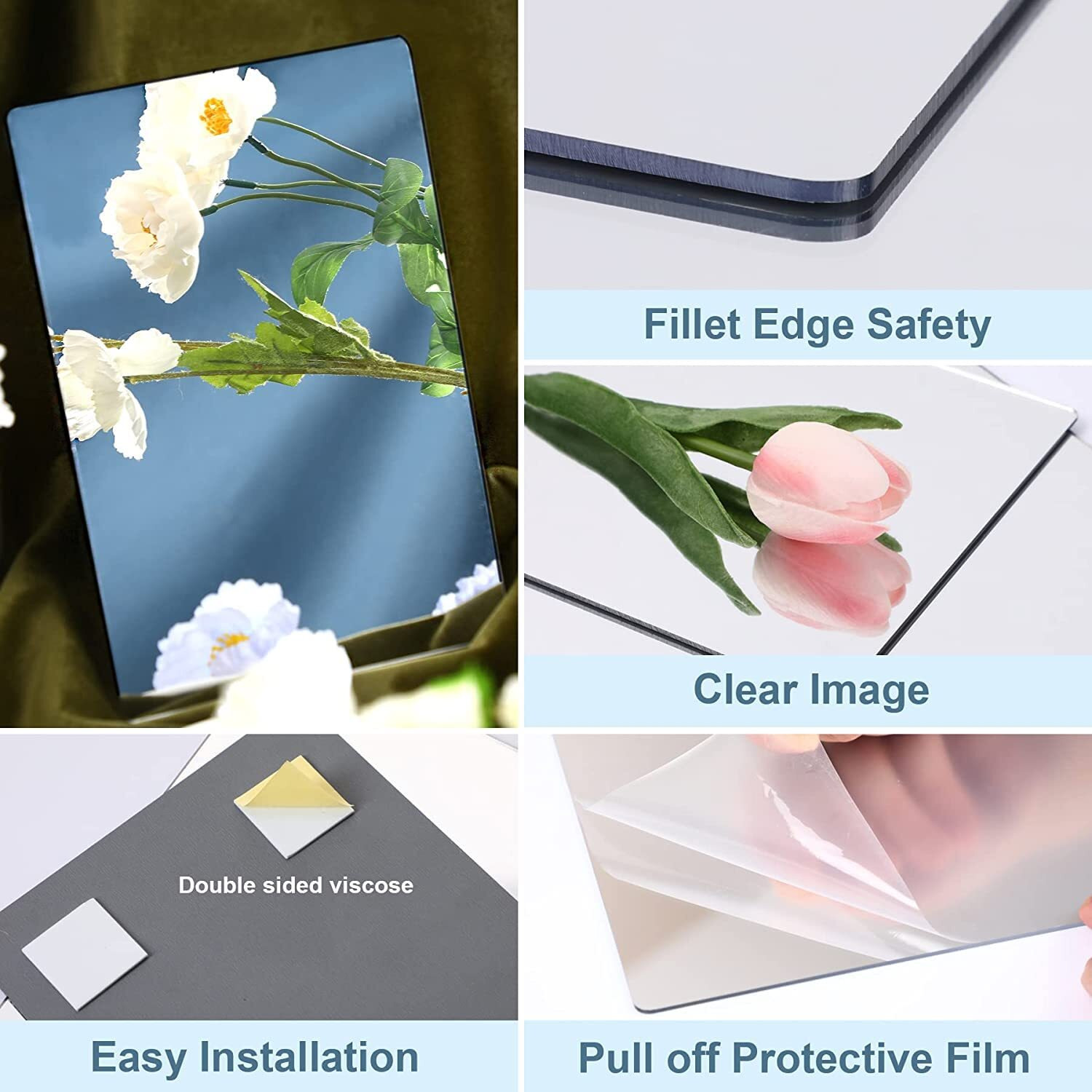 Junebrushs 8 Pack Self Adhesive Acrylic Mirror, 12X16 Inch Mirror Tiles,Flexible Mirror Sheets Wall Stickers,2Mm Thick Mirror,Frameless Small Mirror