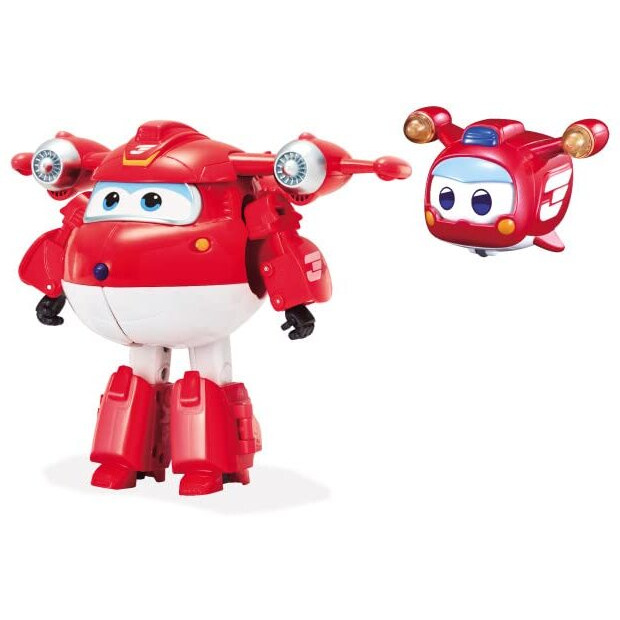 Super Wings - 5" Transforming 2-Pack Supercharged Jett & Super Pet Jett Airplane Toys | New From Season 5 | Airplane To Robot | Preschool Birthday Gifts For 3 4 5 Year Old Kids | With Light Effect