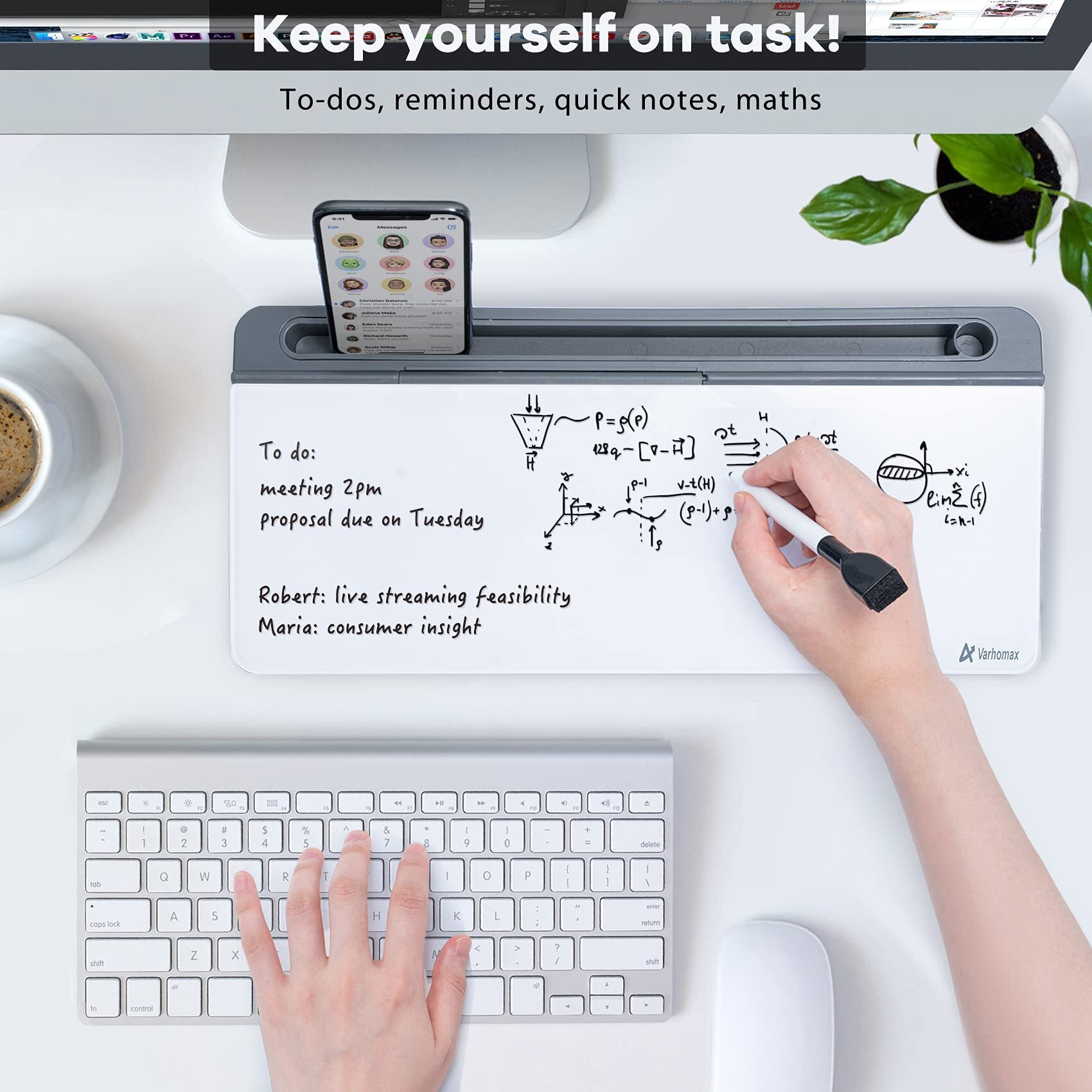 Varhomax Glass Desk Whiteboard With Storage, Desk Buddy To-Do List Memo Desktop Dry Erase White Board Keyboard Stand Desk Organizers For Home Office And School Supplies (Gray)