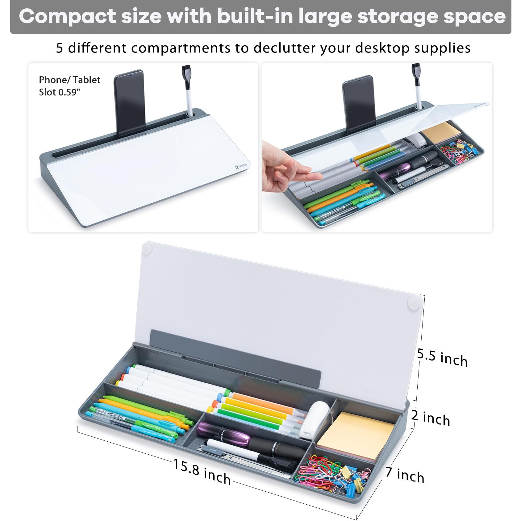 Varhomax Glass Desk Whiteboard With Storage, Desk Buddy To-Do List Memo Desktop Dry Erase White Board Keyboard Stand Desk Organizers For Home Office And School Supplies (Gray)