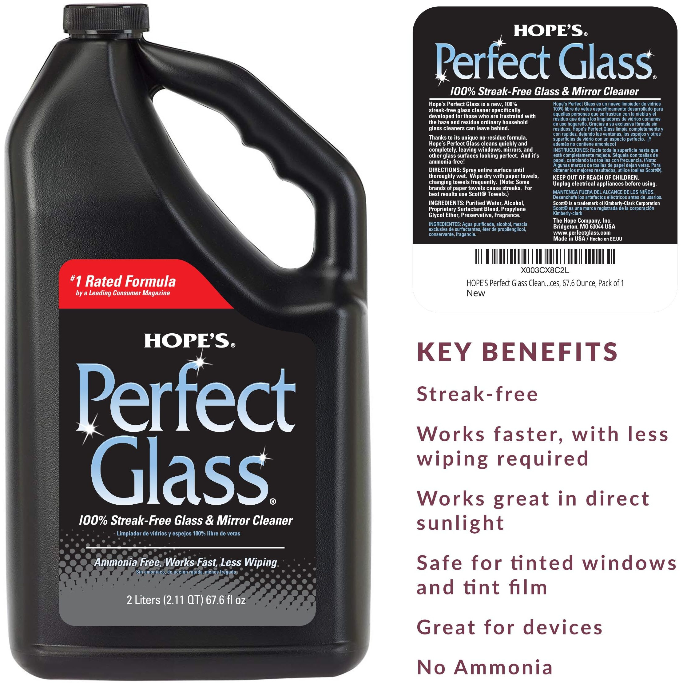 Hope's Perfect Glass Cleaner Spray Refill, Streak-Free, Ammonia-Free Window, Mirror, Screen, Tinted Glass, And Shower Door Cleaner, Indoor And Outdoor Glass Surfaces, 67.6 Ounce, Pack Of 1