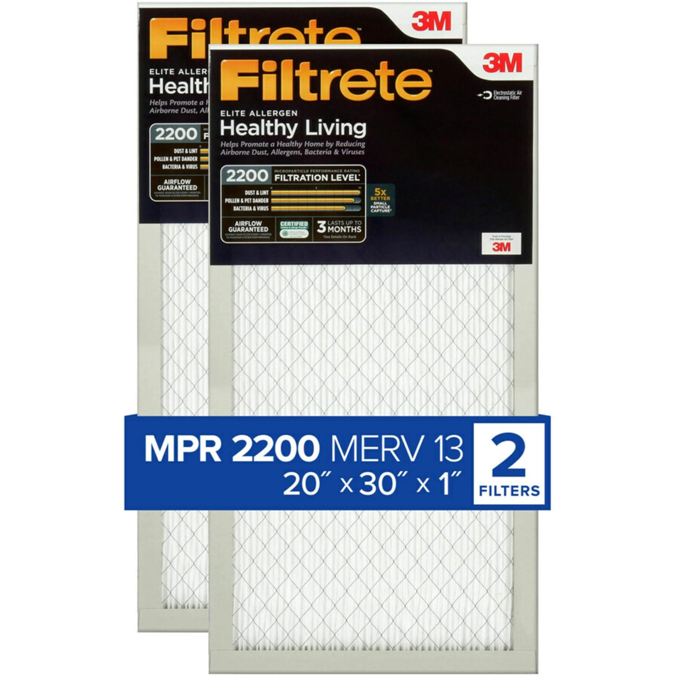 Filtrete 20X30X1 Ac Furnace Air Filter, Merv 13, Mpr 2200, Elite Allergen, Bacteria & Virus Filter, 3-Month Pleated 1-Inch Electrostatic Air Cleaning Filter, 2-Pack (Actual Size 19.81X29.81X0.78 In)
