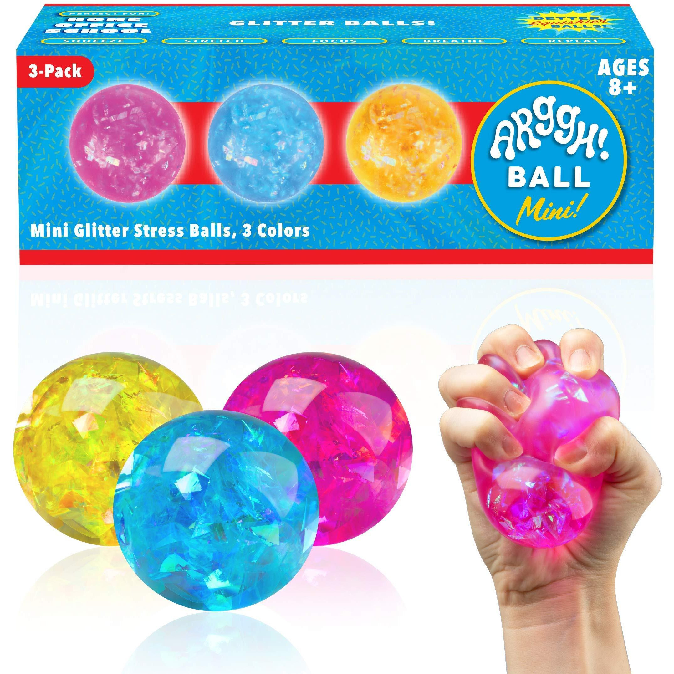 Power Your Fun Arggh Glitter Mini Stress Balls For Adults And Kids - 3Pk Squishy Stress Ball Fidget Toys, Sensory Toys Anxiety And Stress Relief Mini Squishy Toys Squeeze Ball Toy (Yellow, Pink, Blue)