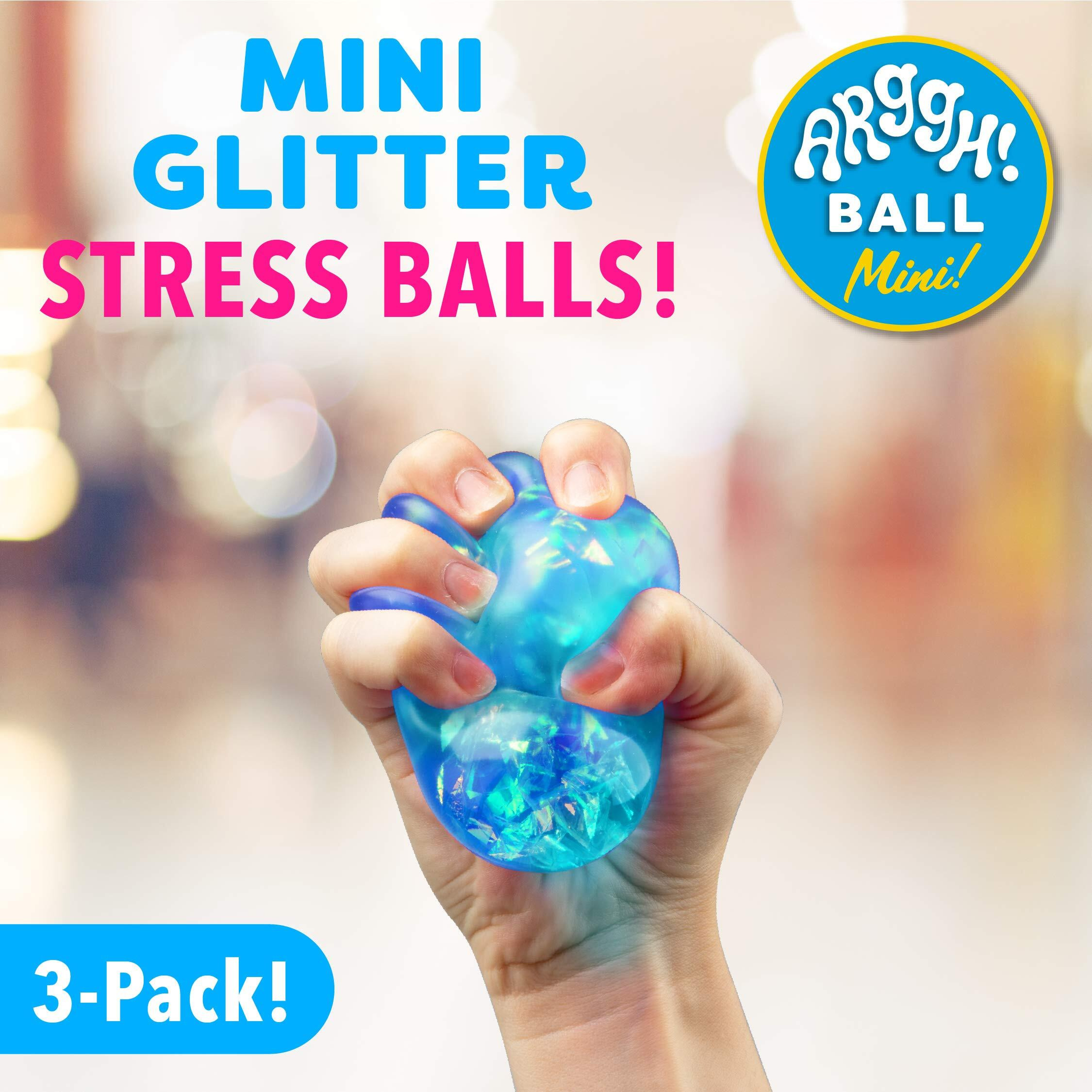 Power Your Fun Arggh Glitter Mini Stress Balls For Adults And Kids - 3Pk Squishy Stress Ball Fidget Toys, Sensory Toys Anxiety And Stress Relief Mini Squishy Toys Squeeze Ball Toy (Yellow, Pink, Blue)