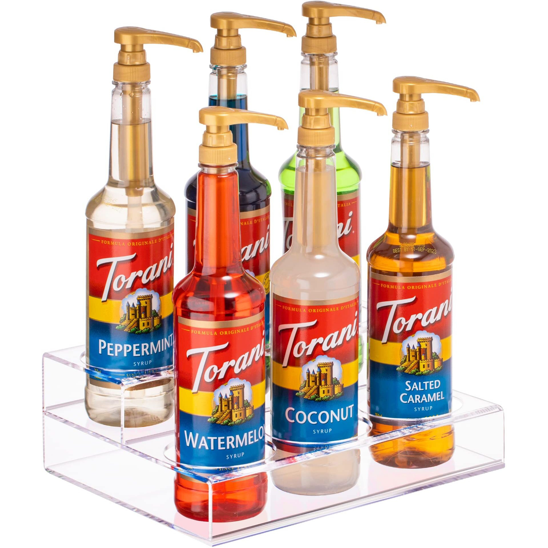 Acrylic Bottle Holder Wine Display Riser | 6 Bottles, 2 Tier Rack | Bar Counter-Top Display Stand | Wine Rack Holder For Kitchen, Pantry, Fridge | Storage Organizer For Wine, Soda, Syrups And Beer