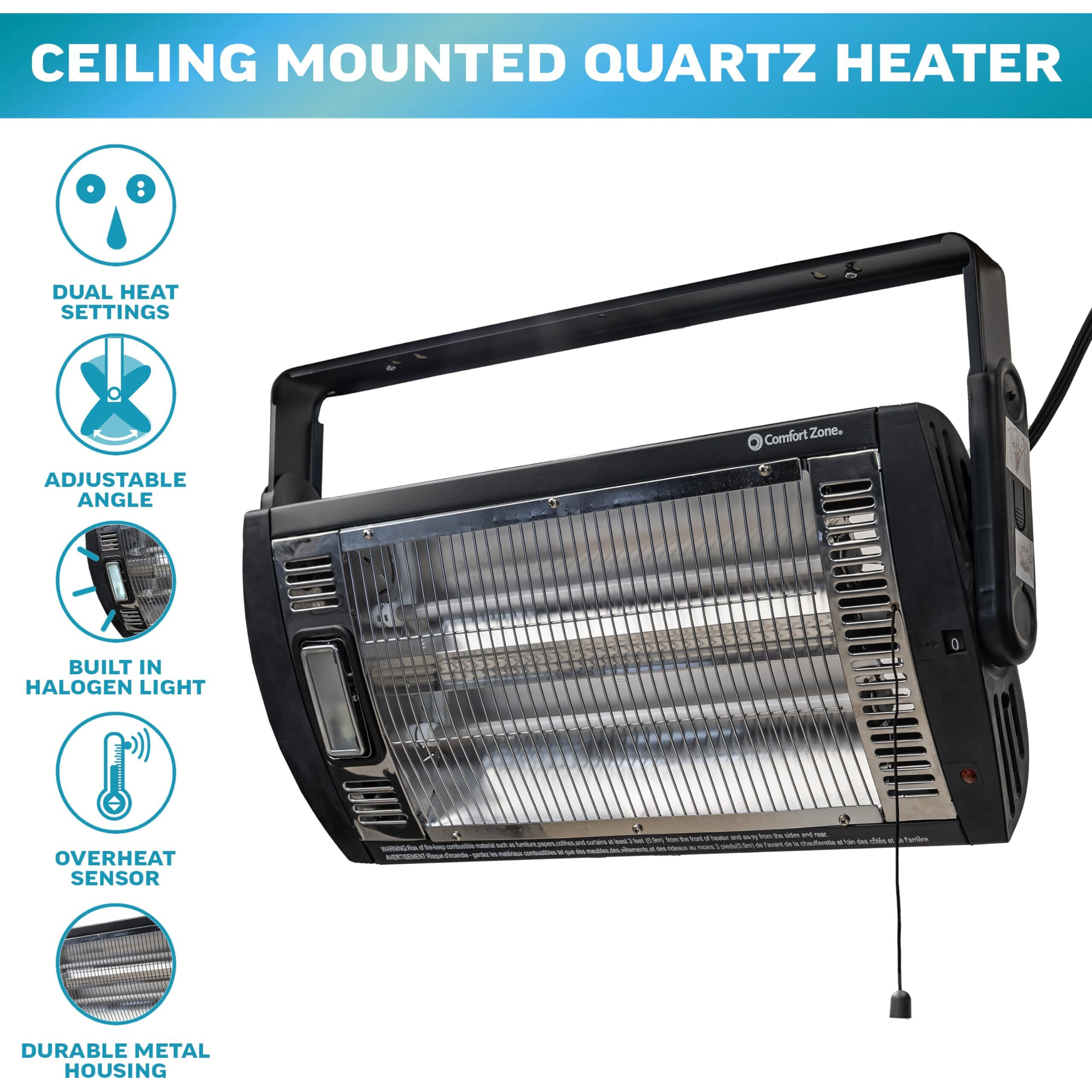 Comfort Zone Ceiling Mounted Space Heater, 90 Degree Adjustable Tilt, Dual Quartz, Radiant, Electric, Safety Grille, Overheat Protection, Hardware Included, Ideal For Workshop, Garage, 1,500W, Czqtv5M
