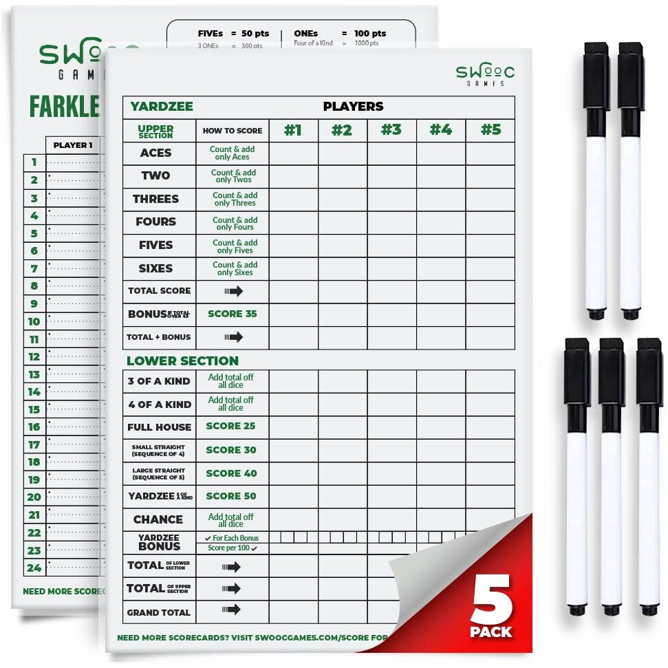 Swooc Games - 5 Big Dry Erase Yardzee & Farkle Score Cards With 5 Markers (11.5In X 8In) | Large Laminated Reusable Pads & Pens For Giant Dice Games | Jumbo Yardzee Score Card And Farkle Score Sheets