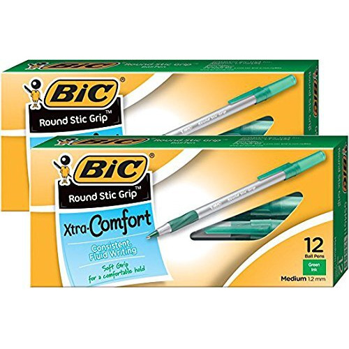 Bic Round Stic Grip Xtra Comfort Ball Pen Medium Pt 1.2Mm Green 2Dozen Gsmg11Gn