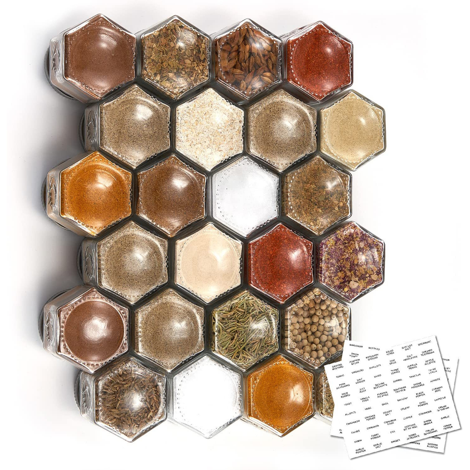 Homazing Set Of 24 Magnetic Spice Jars For Refrigerator, Hexagon Glass Magnetic Spice Jars With Shaker Lids And Labels For Kitchen Rv Travel Trailer, Magnetic Spice Containers For Fridge