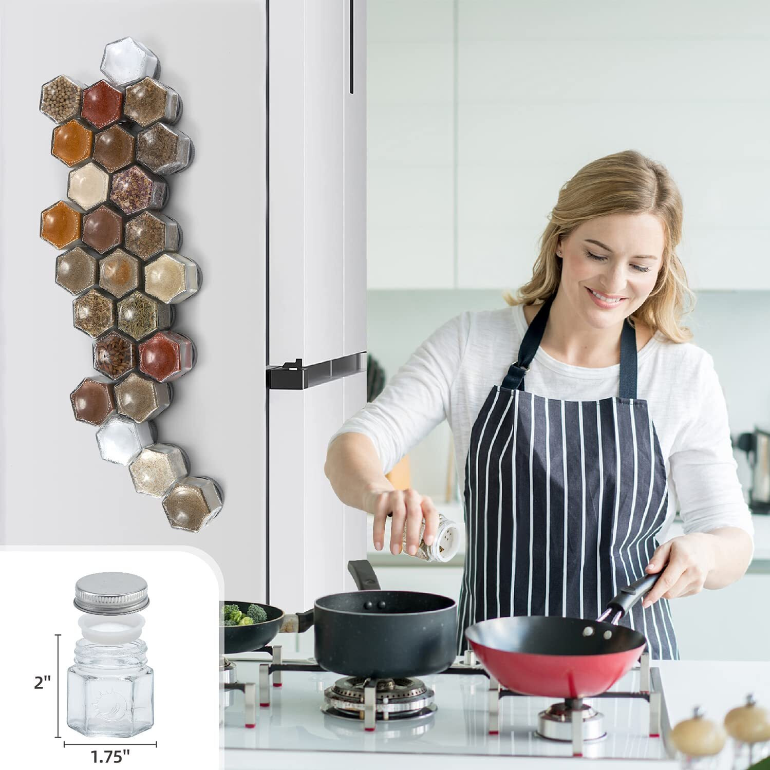 Homazing Set Of 24 Magnetic Spice Jars For Refrigerator, Hexagon Glass Magnetic Spice Jars With Shaker Lids And Labels For Kitchen Rv Travel Trailer, Magnetic Spice Containers For Fridge