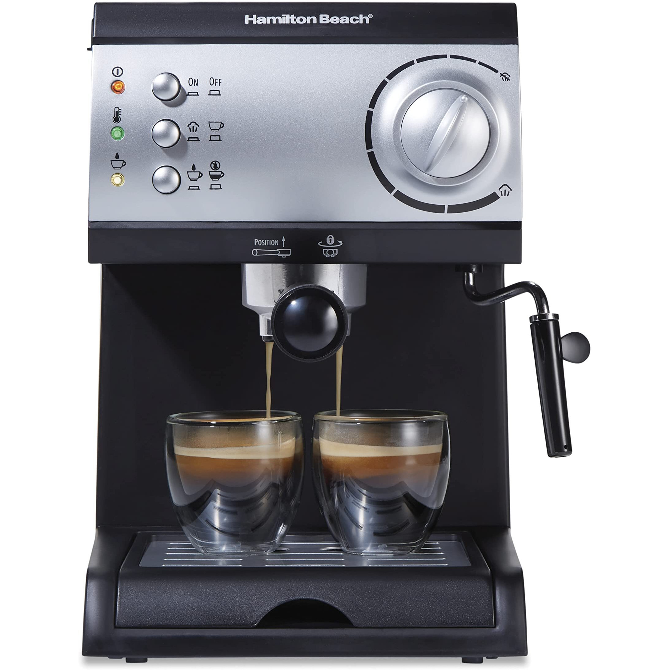 Hamilton Beach 15 Bar Espresso Machine, Cappuccino, Mocha, & Latte Maker, With Milk Frother, Make 2 Cups Simultaneously, Works With Pods Or Ground Coffee, 50 Oz. Water Reservoir, Black