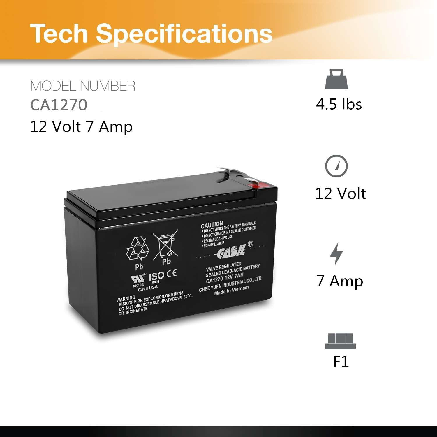 Casil Ca1270 12V 7Ah Battery For Alarm System - First Alert Adt Battery Replacement, High Capacity Lead Acid Alarm Battery, Ideal For Home Alarm System, Fire Alarm, First Alert, Adt Panel (1 Pack)