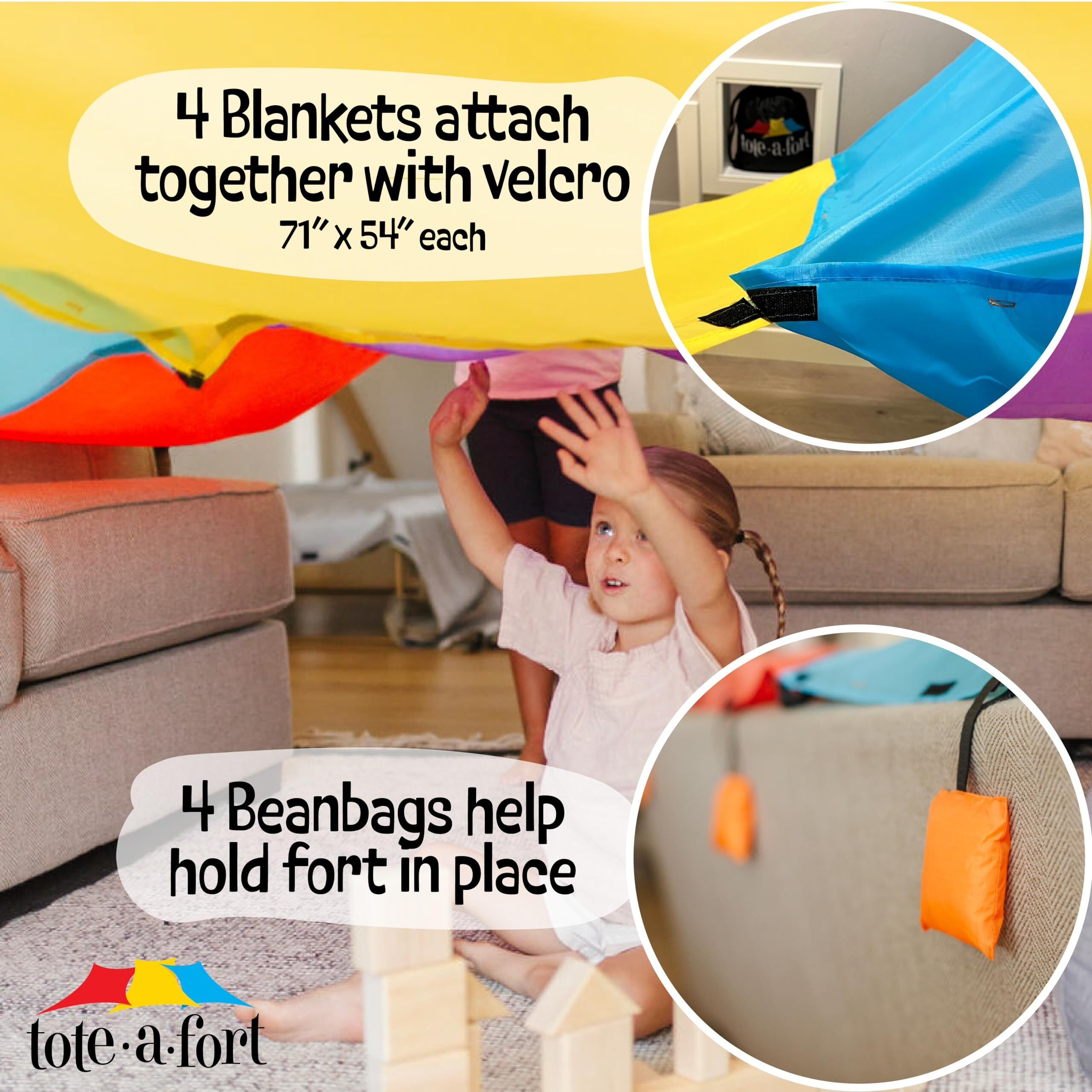Tote A Fort Original Xl Blanket Fort Building Kit - Portable Playhouse Play Tent Fort - Indoor & Outdoor Toy Set For Ages 4-12+ - Stem Toy - 4 Blanket Set