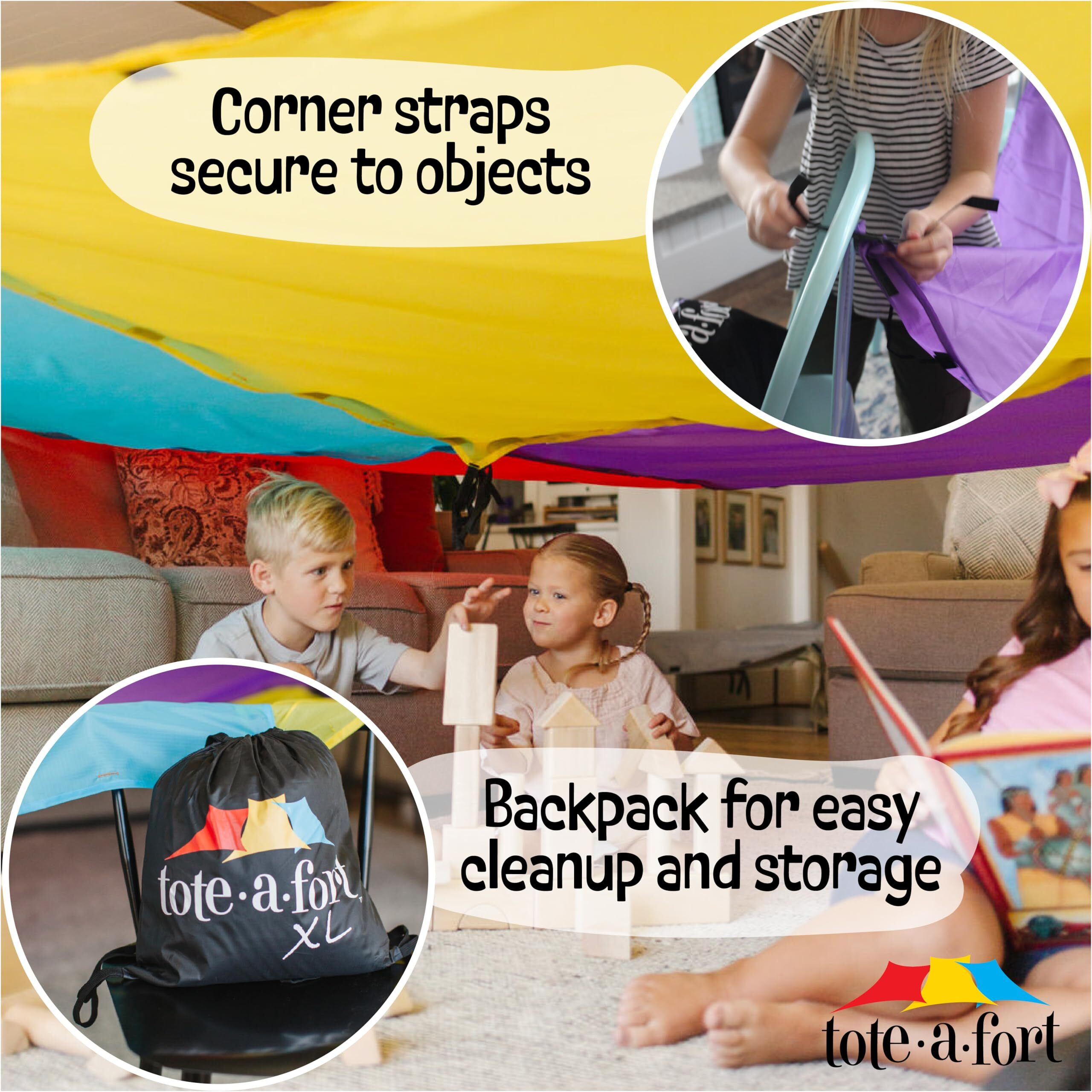 Tote A Fort Original Xl Blanket Fort Building Kit - Portable Playhouse Play Tent Fort - Indoor & Outdoor Toy Set For Ages 4-12+ - Stem Toy - 4 Blanket Set
