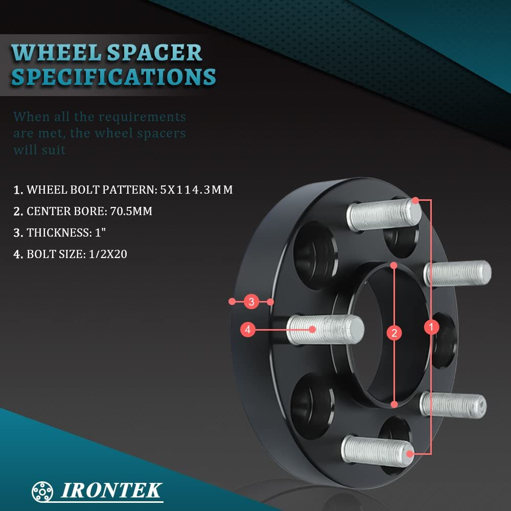 Irontek 1In Hubcentric Spacers 5X114.3Mm (70.5Mm Bore, 1/2X20 Studs) 5X4.5 To 5X4.5 Wheel Spacers Adapter 25Mm Fits Ford Explorer Mustang Ranger Crown Victoria, Lincoln Mark Vii, Mazda B2500 B3000