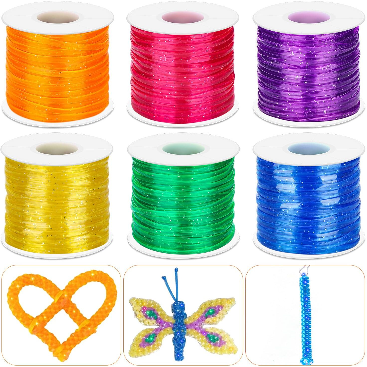 Cridoz 6 Pack Lanyard String Kit, Plastic Lacing Cord Gimp String Lanyard Weaving Kit For Boondoggle, Bracelets, Keychains, Crafts (Glitter)