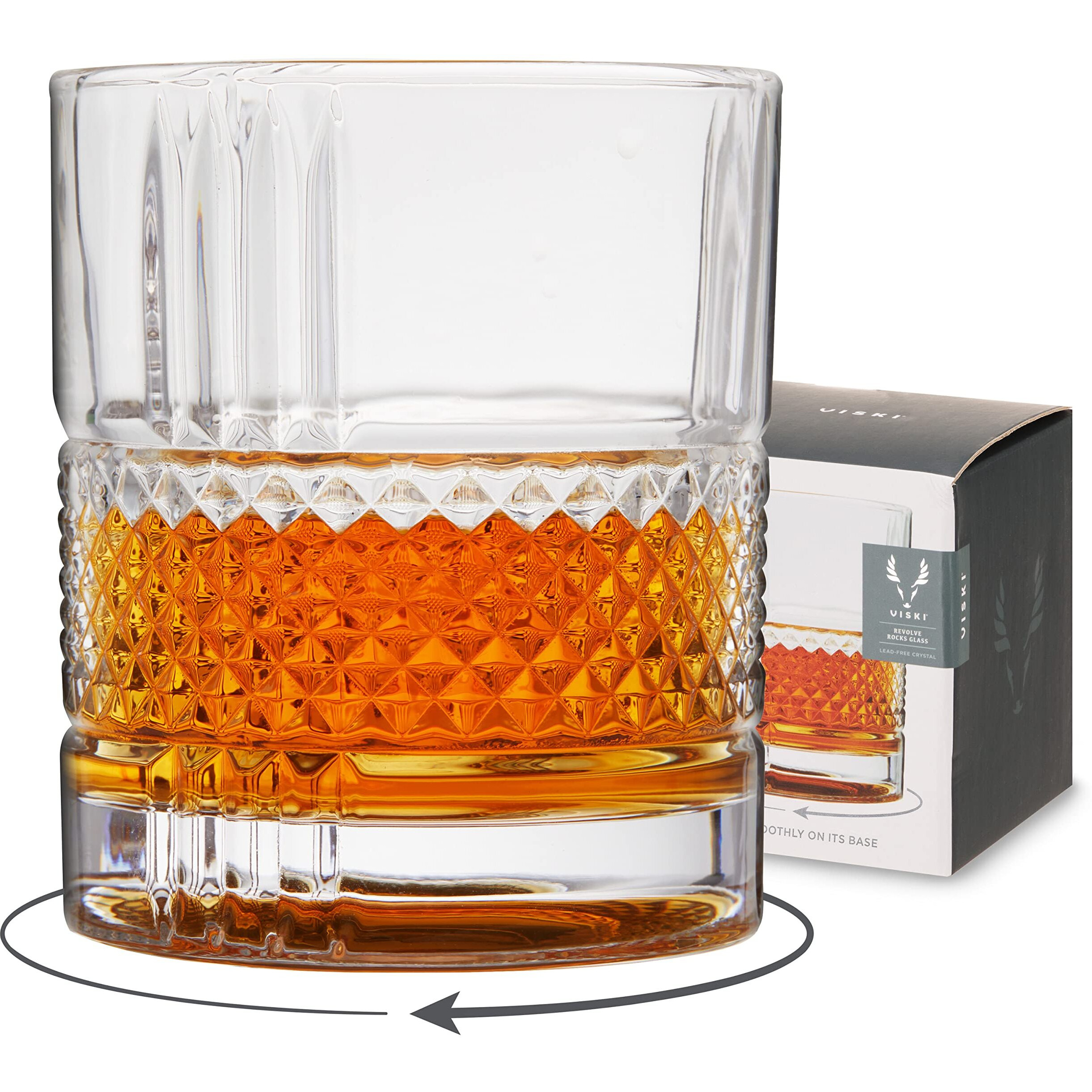 Viski Revolve Spinning Whiskey Glass, Unique Bourbon Glass, Old Fashioned Cocktail Glass, Crystal Cut Scotch Glass, Set Of 1, 10Oz