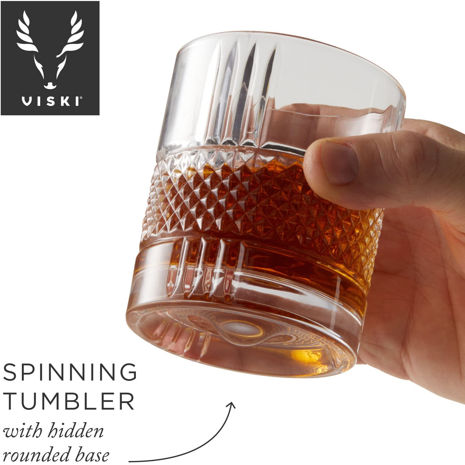 Viski Revolve Spinning Whiskey Glass, Unique Bourbon Glass, Old Fashioned Cocktail Glass, Crystal Cut Scotch Glass, Set Of 1, 10Oz
