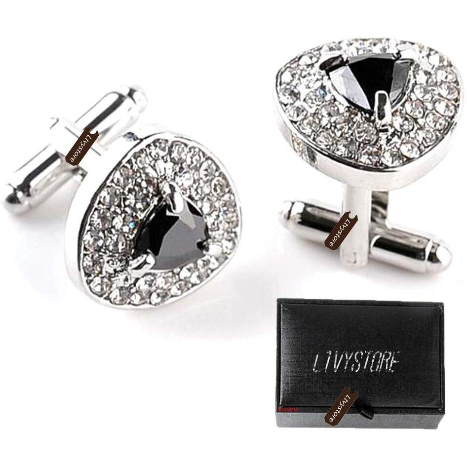 Luxury Black Crystal White Rhinestones Heart Cufflinks For Women Men Shirt, Ltvystore Jewelry Trendy Geometric Cuff Links Buttons With Box