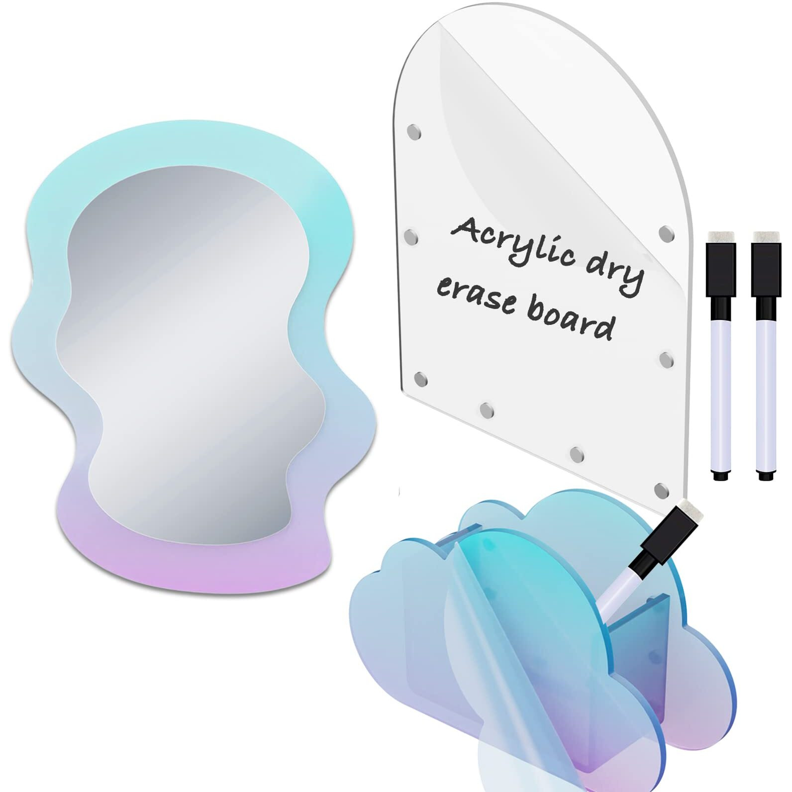 Svartur Iridescent Locker Accessories, Magnetic Locker Mirror And Pen Holder & Acrylic Magnetic Dry Erase Board For Fridge, Office, Back To School Essential Locker Set For Locker Organizer, Irregular