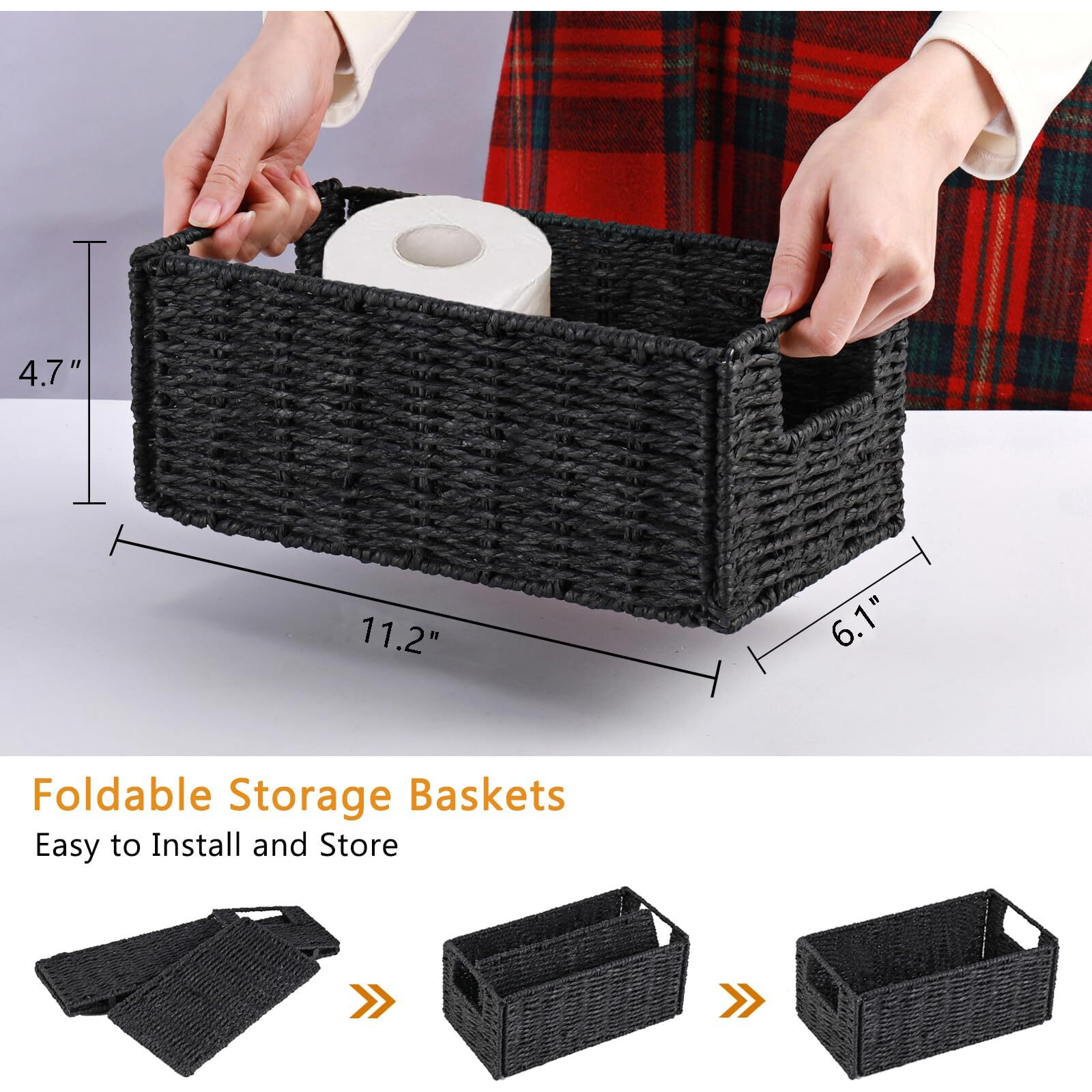 Vagusicc Wicker Storage Basket, Hand-Woven Paper Rope Small Storage Baskets Bins With Handles (Set Of 2), Toilet Paper Small Wicker Baskets For Organizing Toilet Shelves Pantry, Black