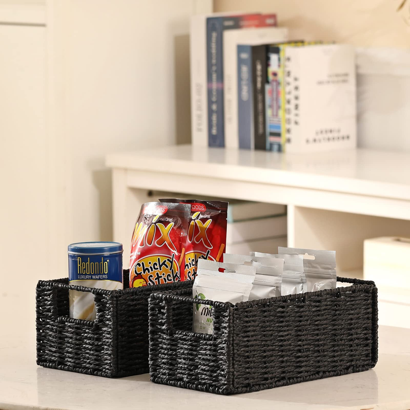 Vagusicc Wicker Storage Basket, Hand-Woven Paper Rope Small Storage Baskets Bins With Handles (Set Of 2), Toilet Paper Small Wicker Baskets For Organizing Toilet Shelves Pantry, Black