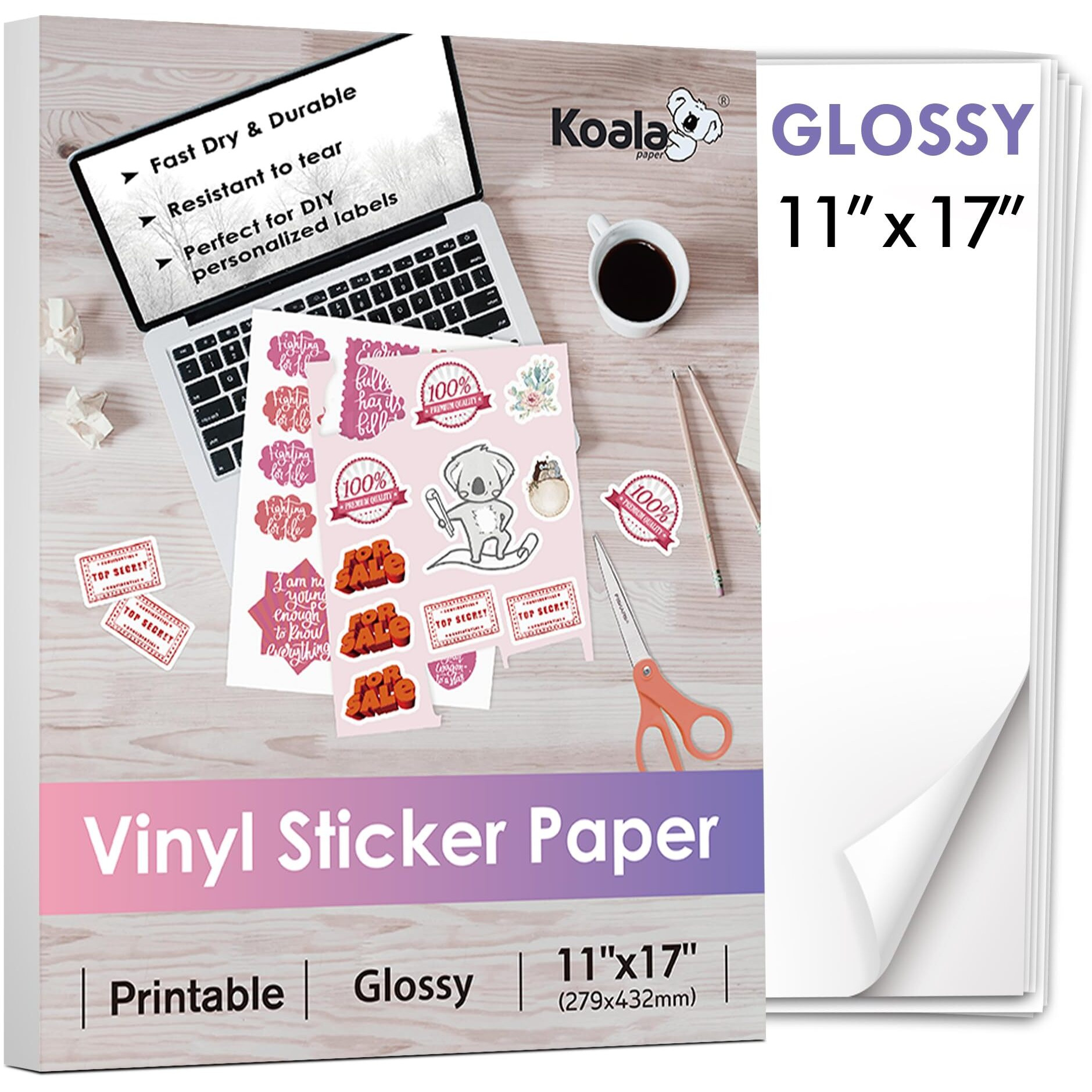 Koala Printable Vinyl Sticker Paper For Inkjet Printer 11X17 Inch - 10 Sheets White Glossy Sticker Paper, Waterproof Sticker Printer Paper, Tear-Resistant, Removable