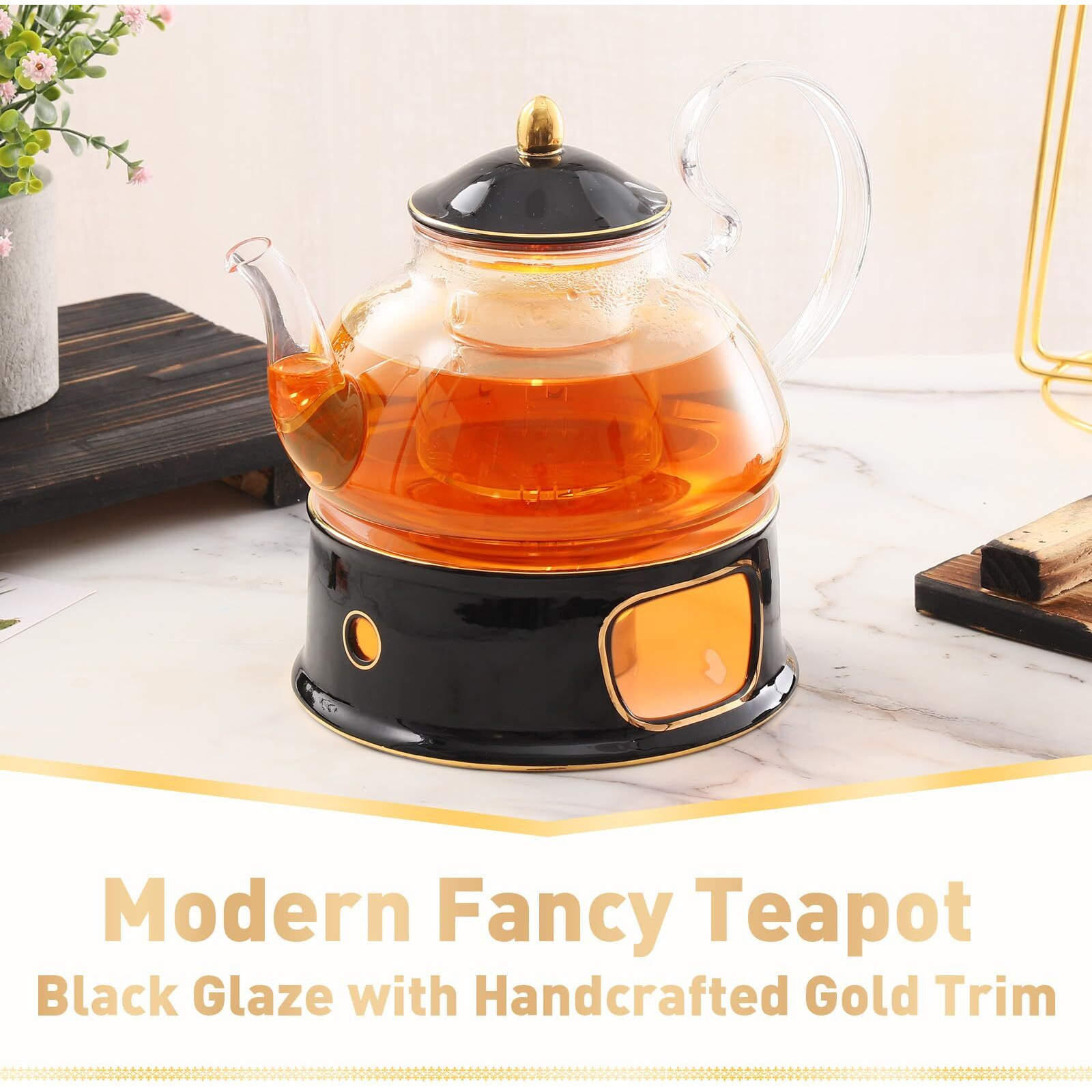Dujust Blooming Tea Pot Set, Luxury British Design With Relief Decor & Gold Trims, Hand-Crafted Clear Teapot With Warmer, 40Oz Glass Teapot With Infuser, Stove-Safe Tea Party Gift & Home - Black