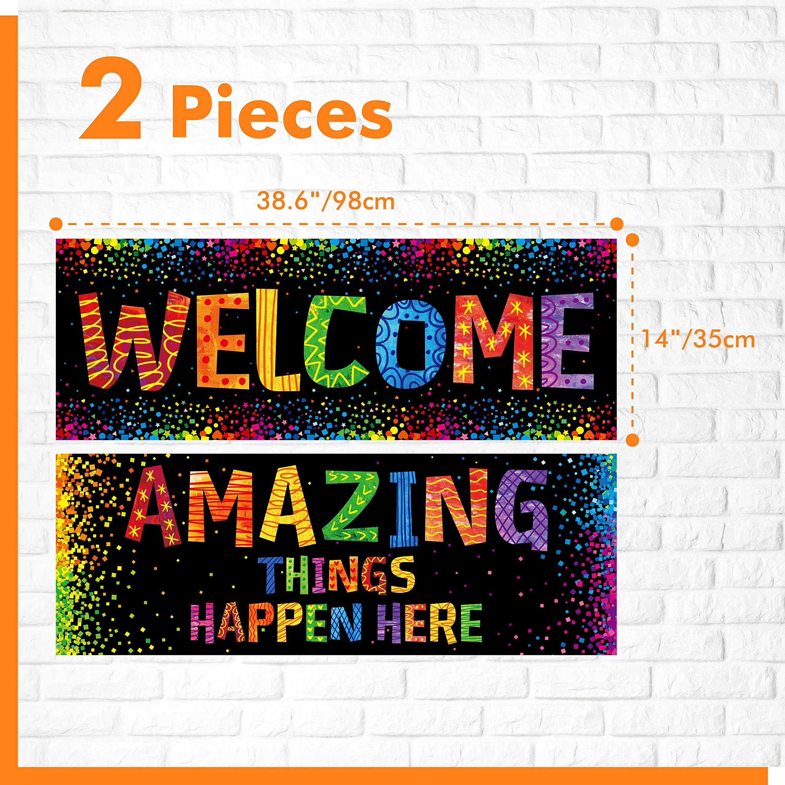 Classroom Banner Poster, 2 Pcs Colorful Confetti Bulletin Board Decoration Motivational Posters For School & Classroom Primary Middle High School-Amazing Things Happen Here (Poster Tube Package)