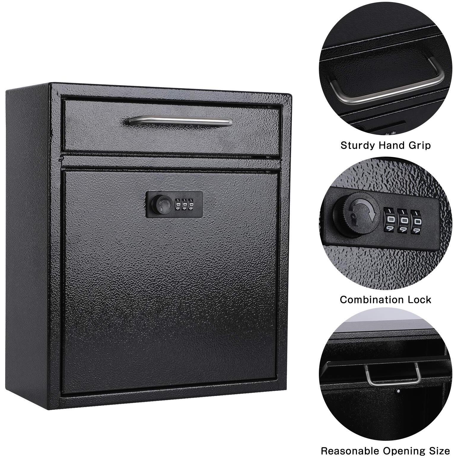 Xydled Wall-Mount Mailboxes With Combination Lock, Hanging Secured Postbox, Ultimate Drop Box, Perfect For Deposits Payments Key And Letter Drops, Black,Large