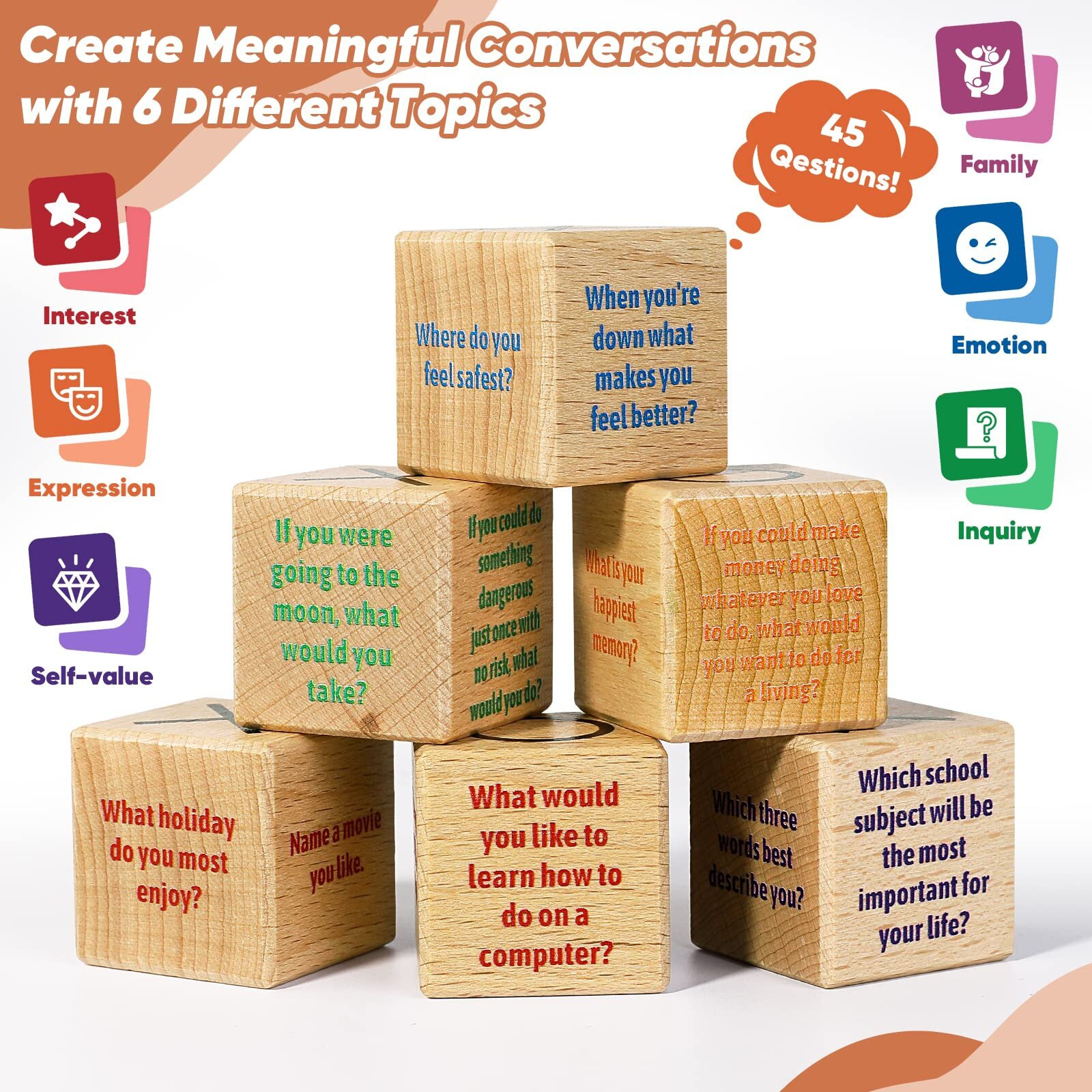 Garybank Conversation Cubes W/Tic Tac Toe Game,Great Conversation Starter-Building Relationship,Wooden Block For Family Game Night,School Counselor Supplies,Therapy Icebreaker Game For Kid Teen Adult