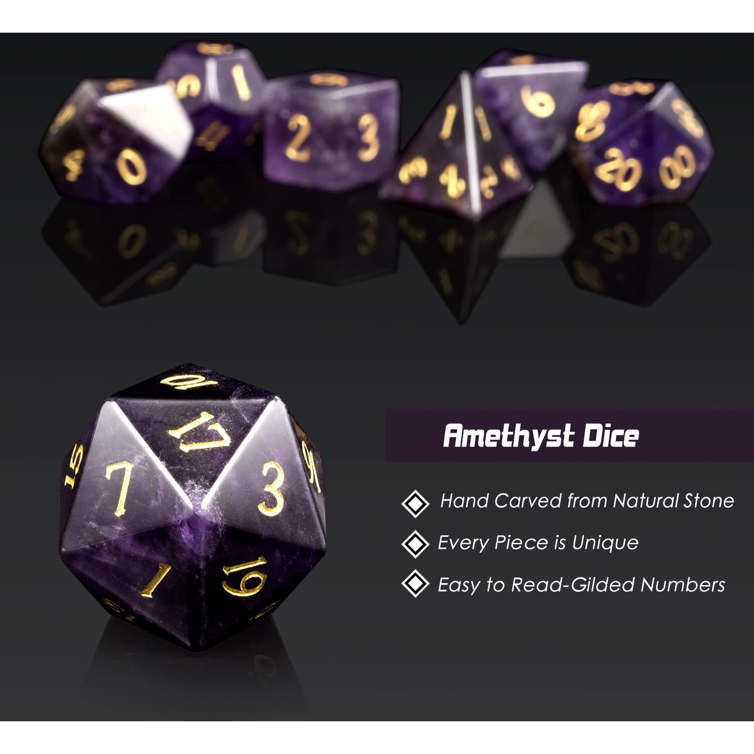 Dndnd Amethyst Crystal Dnd Dice Set 7 Pcs Gemstone D&D Dice With Grogeous Gift Case For Dungeons And Dragon Tabletop Game (Amethyst)