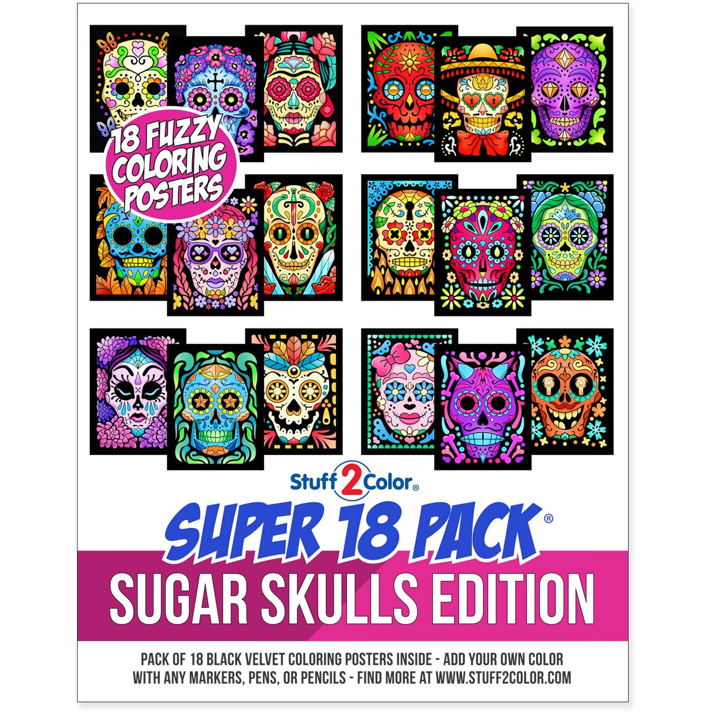 Stuff2Color Super Pack Of 18 Fuzzy Velvet Coloring Posters (Sugar Skulls Edition) - Great Kid Friendly Halloween, Day Of The Dead, Dia De Los Muertos Arts And Craft Activity [All Ages Fun] (1 Pack)