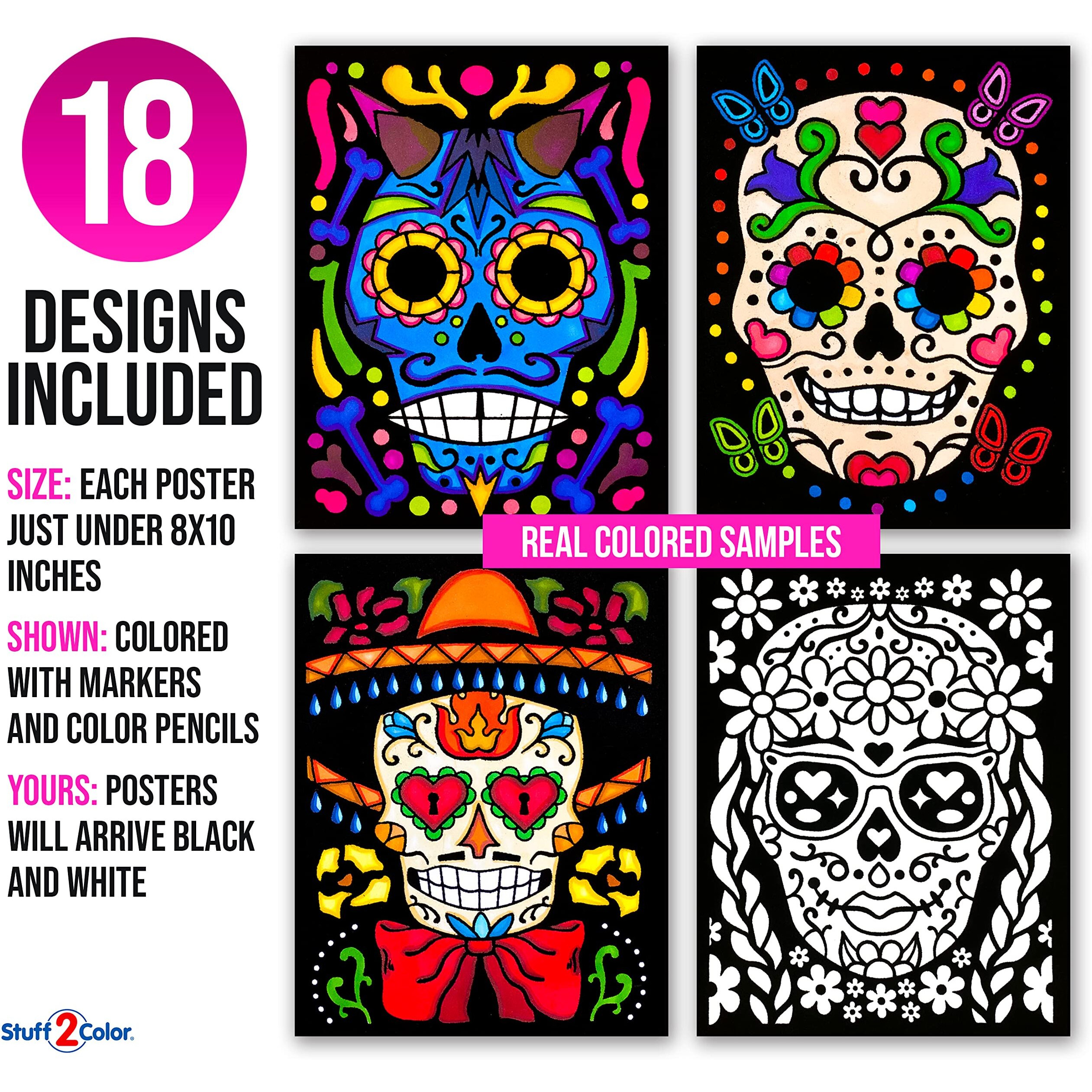 Stuff2Color Super Pack Of 18 Fuzzy Velvet Coloring Posters (Sugar Skulls Edition) - Great Kid Friendly Halloween, Day Of The Dead, Dia De Los Muertos Arts And Craft Activity [All Ages Fun] (1 Pack)