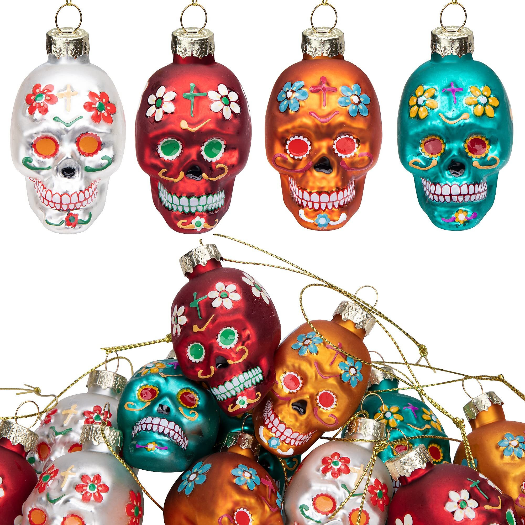 12Pcs Day Of The Dead Glass Ornaments - Dia De Los Muertos Sugar Skull Ornaments - Halloween Hanging Skeleton Head Ornaments For Christmas Tree Hanging Decorations