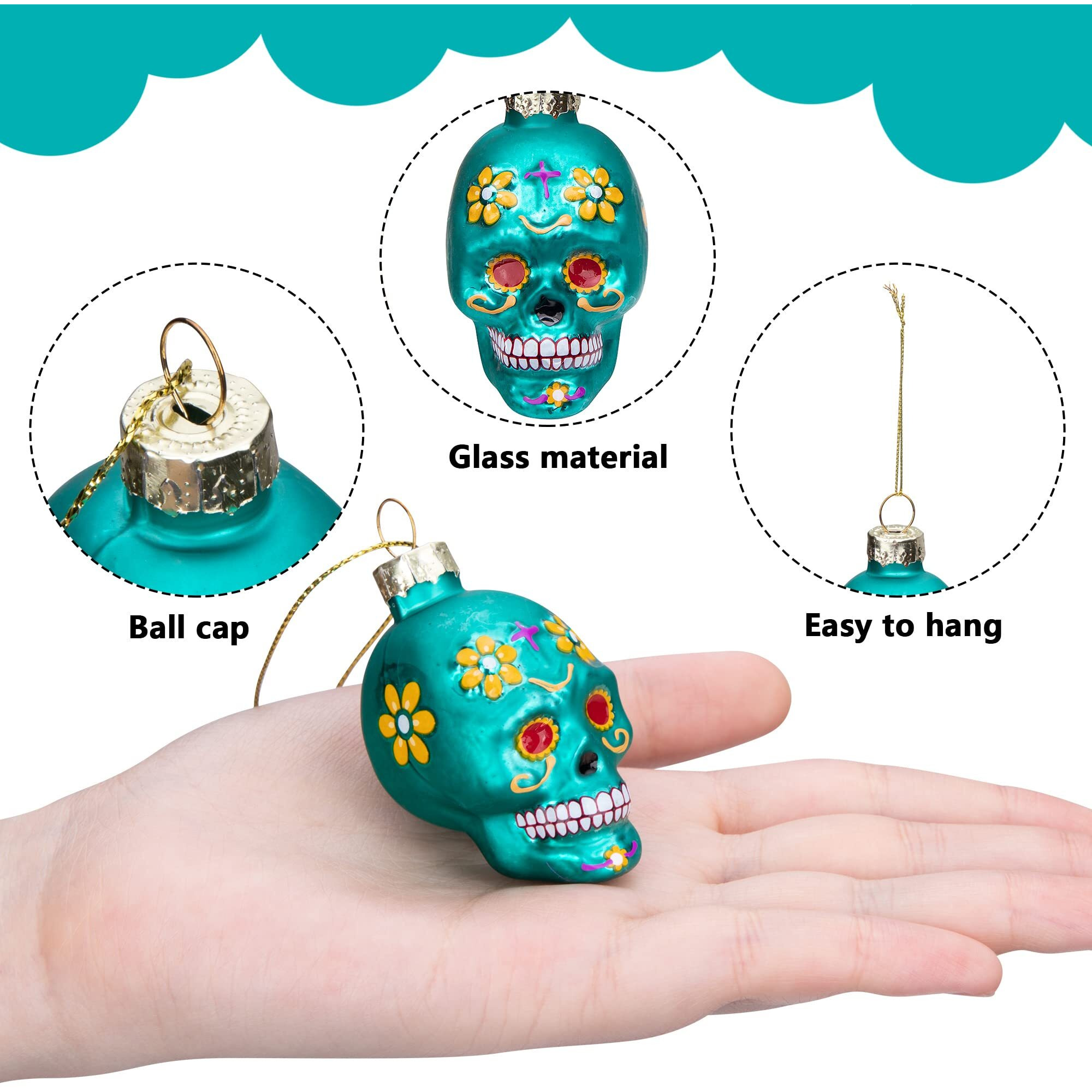 12Pcs Day Of The Dead Glass Ornaments - Dia De Los Muertos Sugar Skull Ornaments - Halloween Hanging Skeleton Head Ornaments For Christmas Tree Hanging Decorations