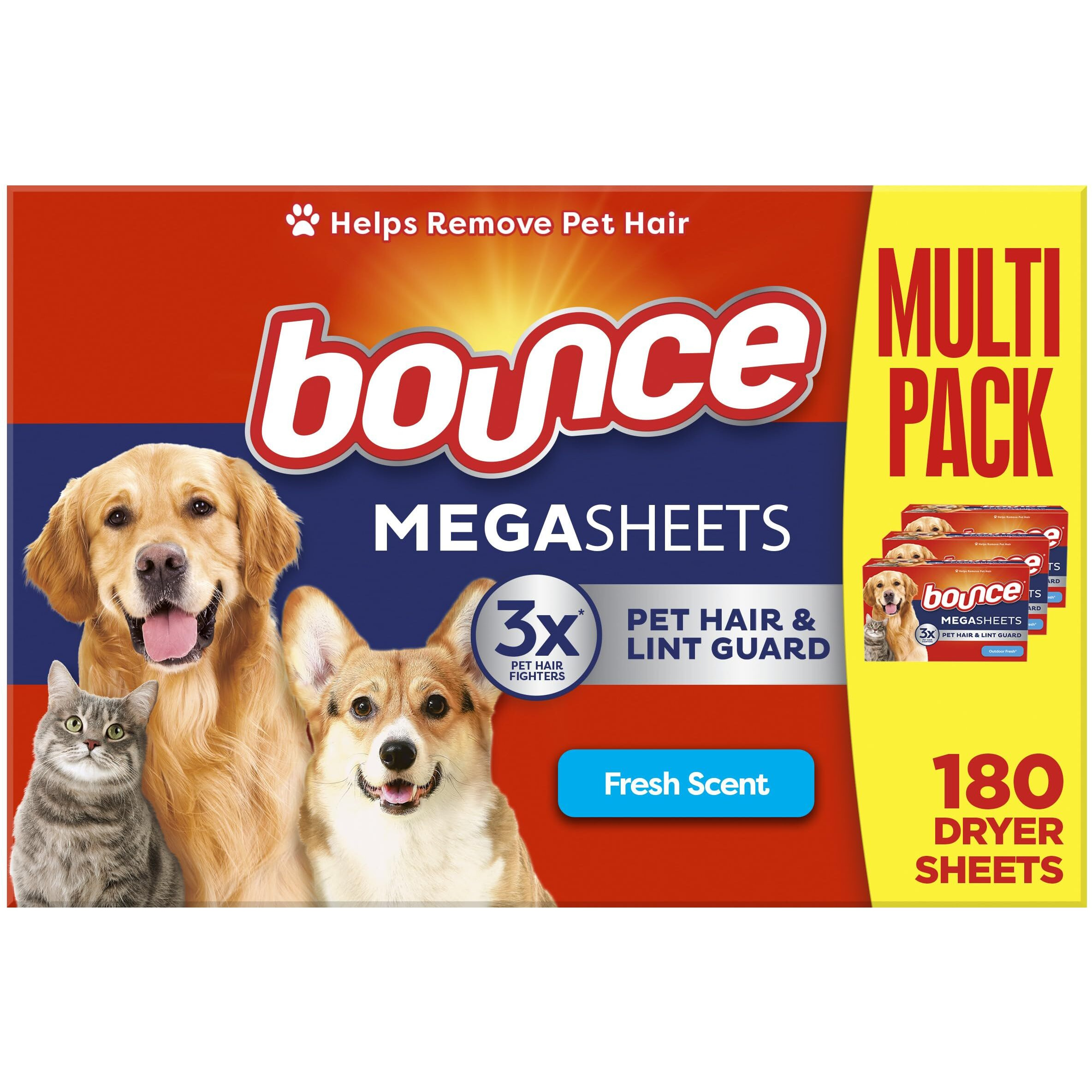 Bounce Pet Hair And Lint Guard Mega Fabric Softener Dryer Sheets With 3X Pet Hair Fighters, Fresh Scent, 180 Count (Packaging May Very)