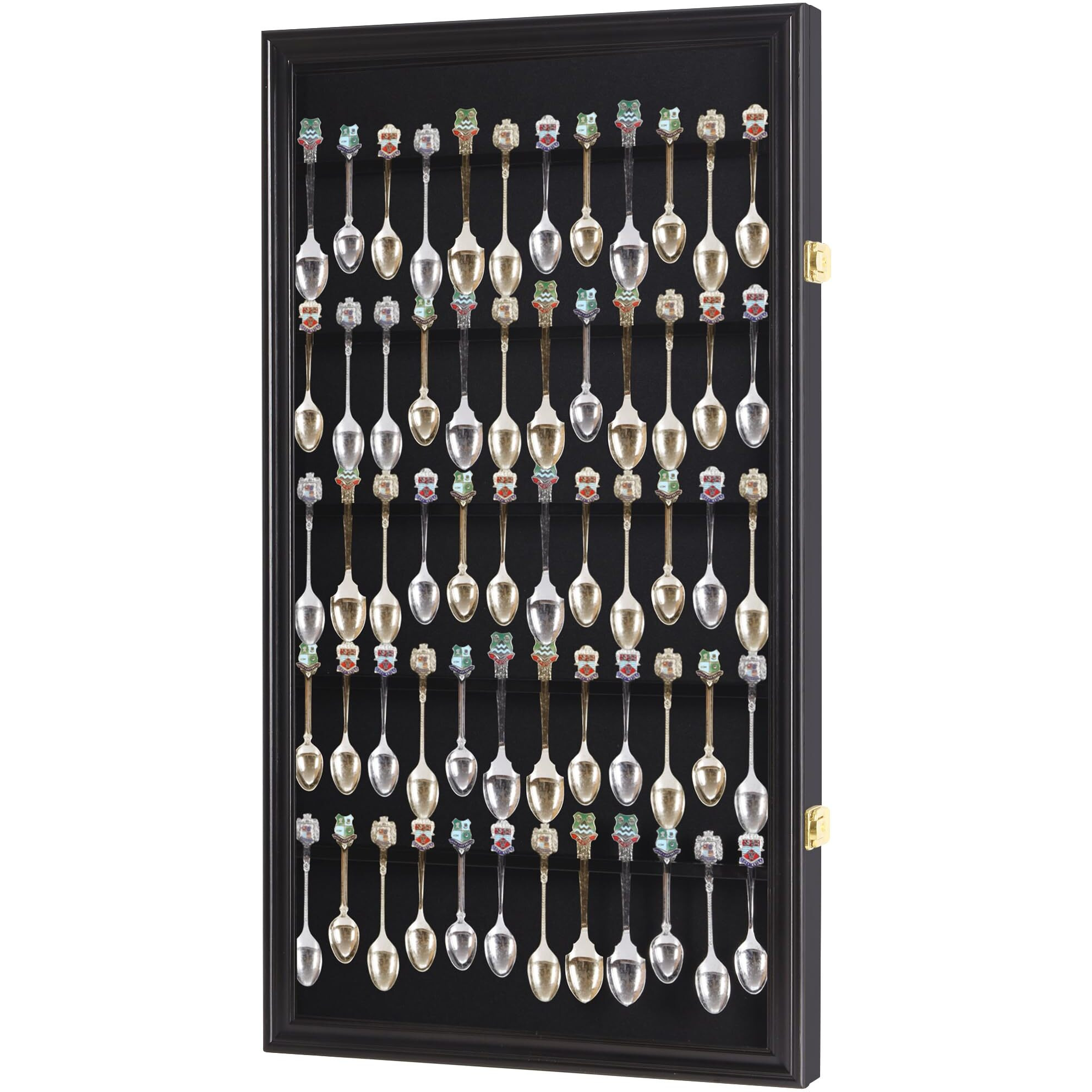 Displaygifts 60 Souvenir Spoon Tea Spoon Display Case Rack Holder Wall Cabinet Frame, Uv Protection, Lockable Door (Black Finish)