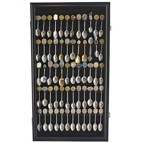 Displaygifts 60 Souvenir Spoon Tea Spoon Display Case Rack Holder Wall Cabinet Frame, Uv Protection, Lockable Door (Black Finish)
