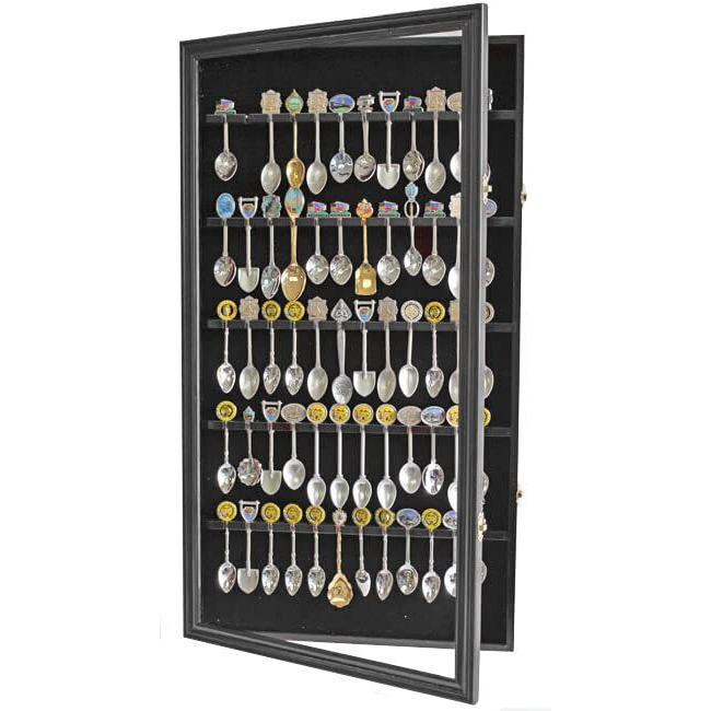 Displaygifts 60 Souvenir Spoon Tea Spoon Display Case Rack Holder Wall Cabinet Frame, Uv Protection, Lockable Door (Black Finish)
