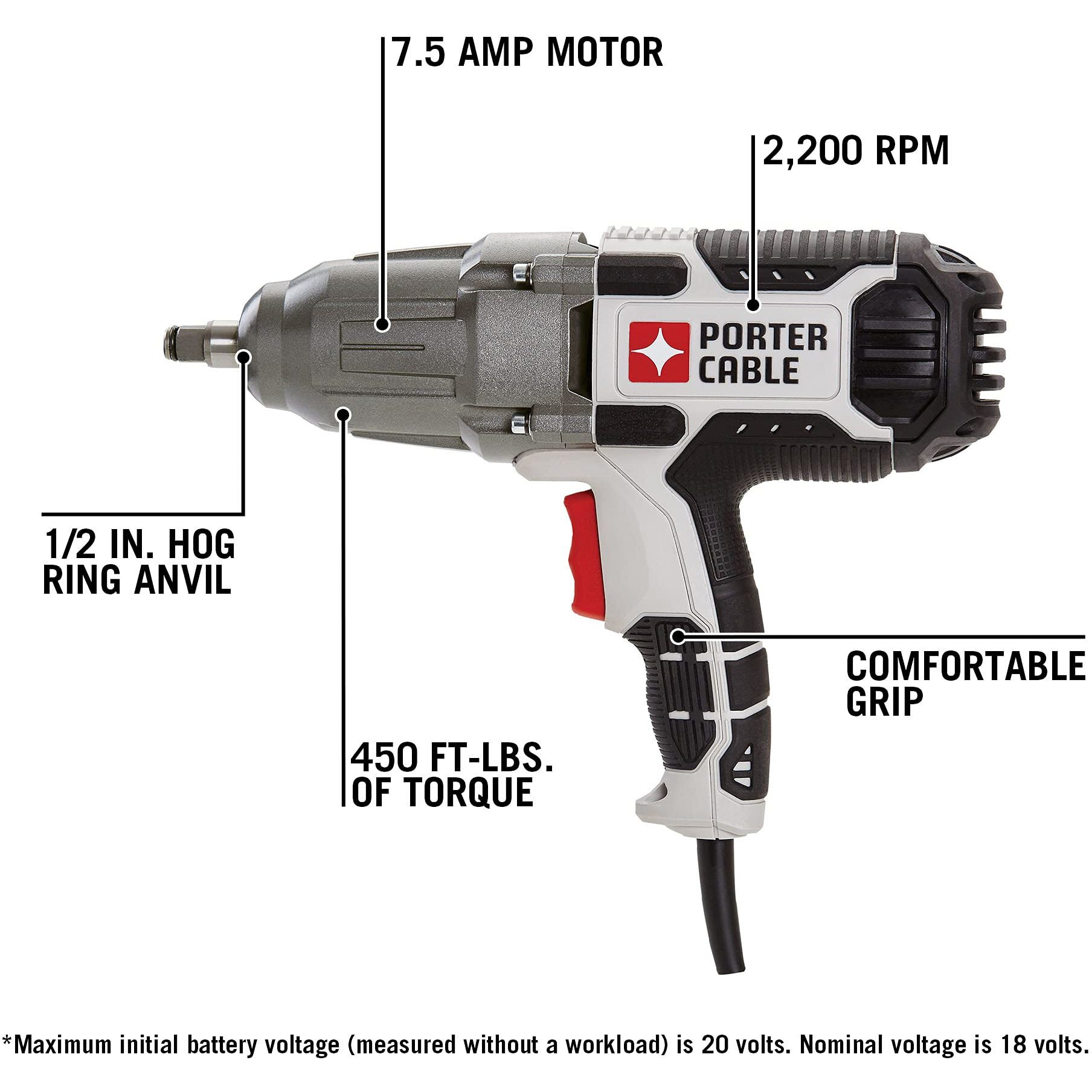 Porter-Cable Impact Wrench, 450 Lbs Of Torque, 1/2 Inch Hog Ring, 7.5-Amp, Corded (Pce211)