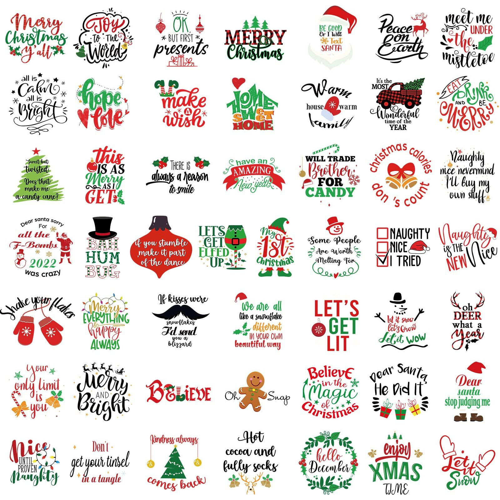 100 Pcs Vinyl Christmas Inspirational Stickers For Crafts Scrapbooking Pvc Christmas Bless Saying Stickers Positive Word Waterproof Stickers Cute Motivational Quote Decal For Bottle, 50 Style (Santa)