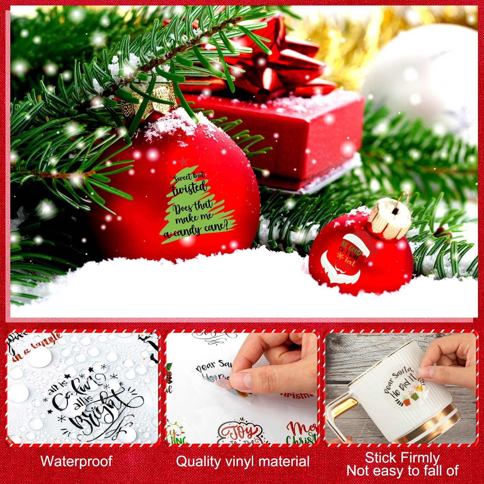 100 Pcs Vinyl Christmas Inspirational Stickers For Crafts Scrapbooking Pvc Christmas Bless Saying Stickers Positive Word Waterproof Stickers Cute Motivational Quote Decal For Bottle, 50 Style (Santa)