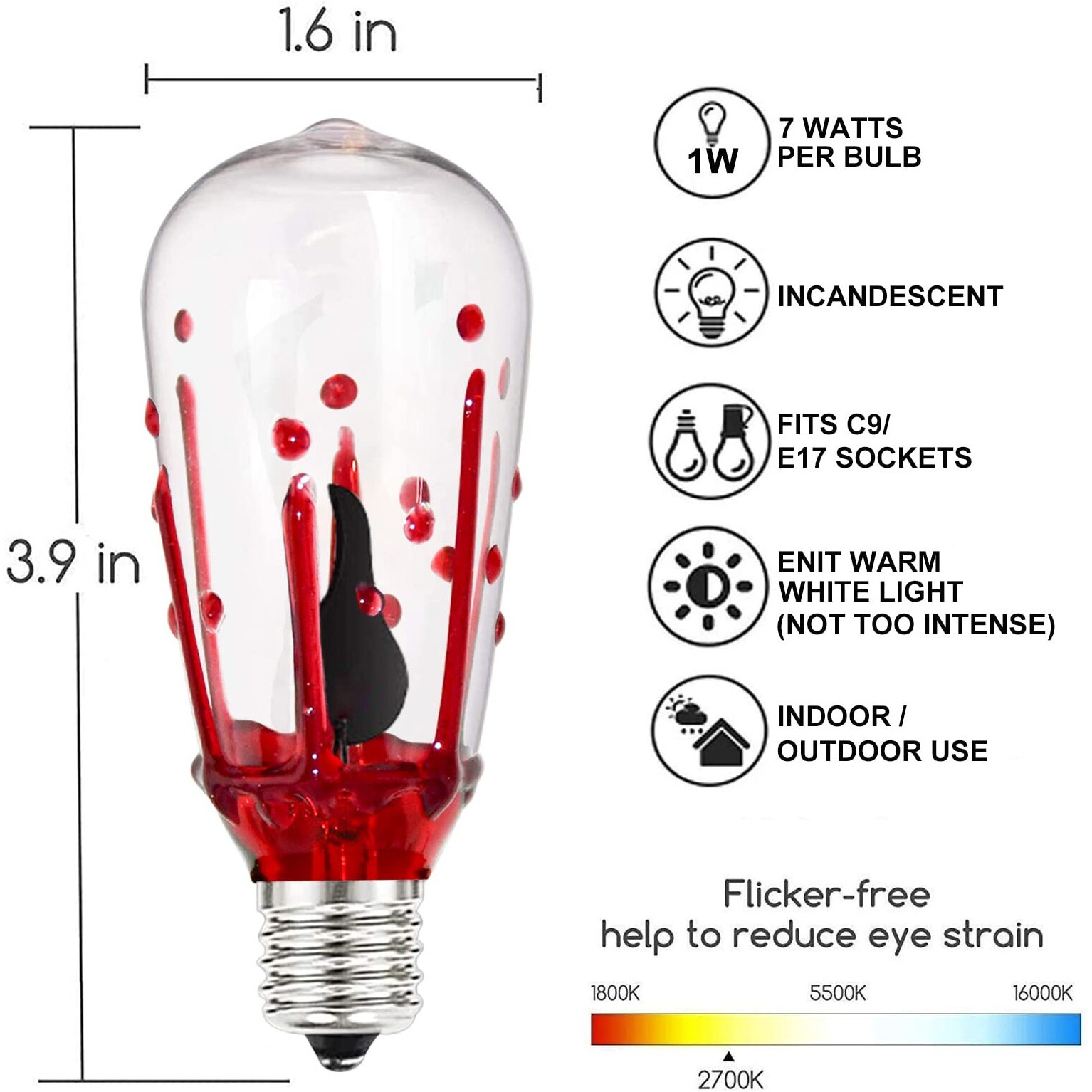 Abeja Christmas Flicker Flame Light Bulbs, Edison Replacement Light Bulbs With Flame And Blood And Tears, 1 Watt E17 Screw Base, St40 Replacement Light Bulbs For Christmas Decorations-10 Pack