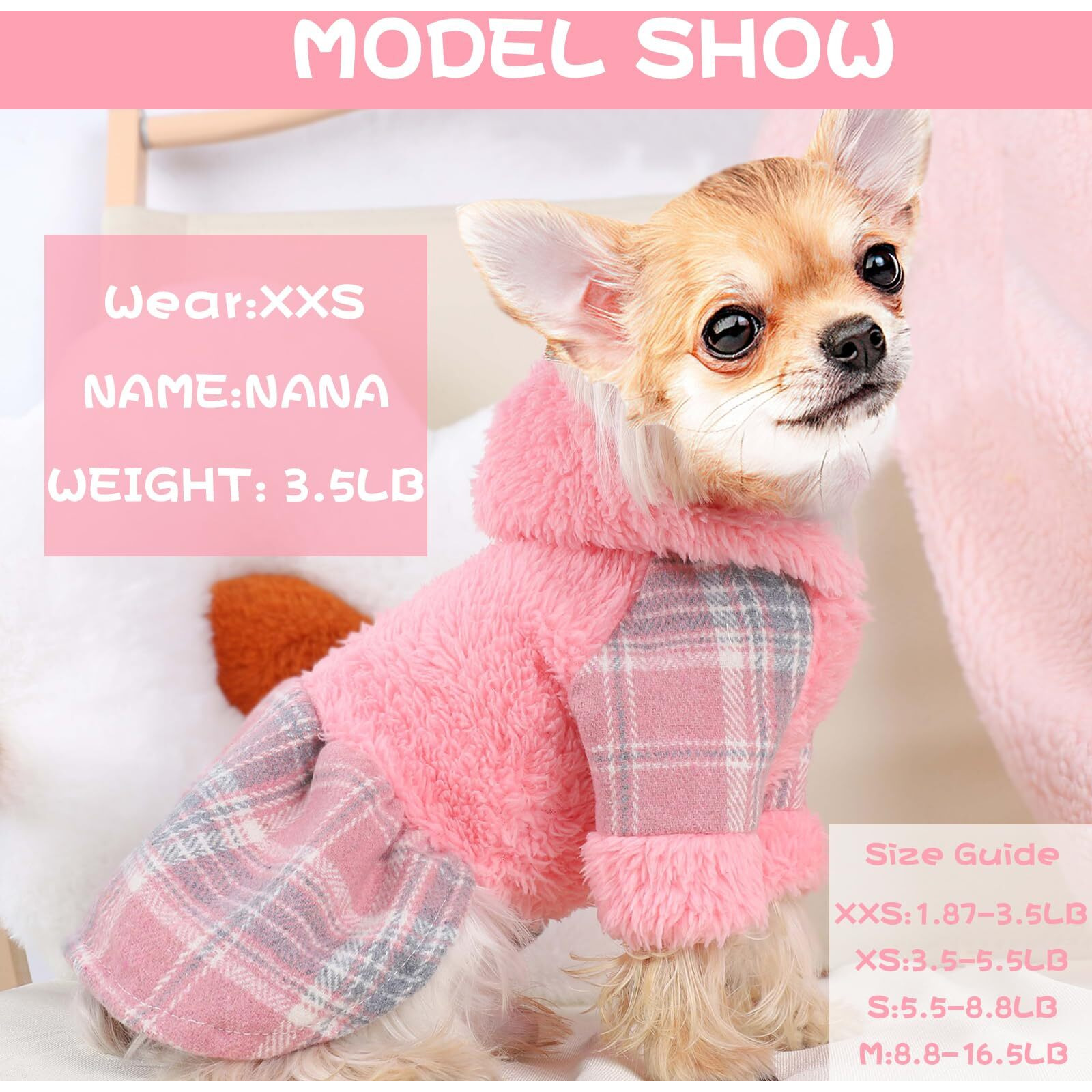 Dog Clothes For Small Dogs, Cute Warm Fleece Dog Hooded Sweater, For Small Dogs Girl, Pink Plaid Puppy Dresses Clothes For Chihuahua Yorkie,Cat Apparel (Pink, Small)