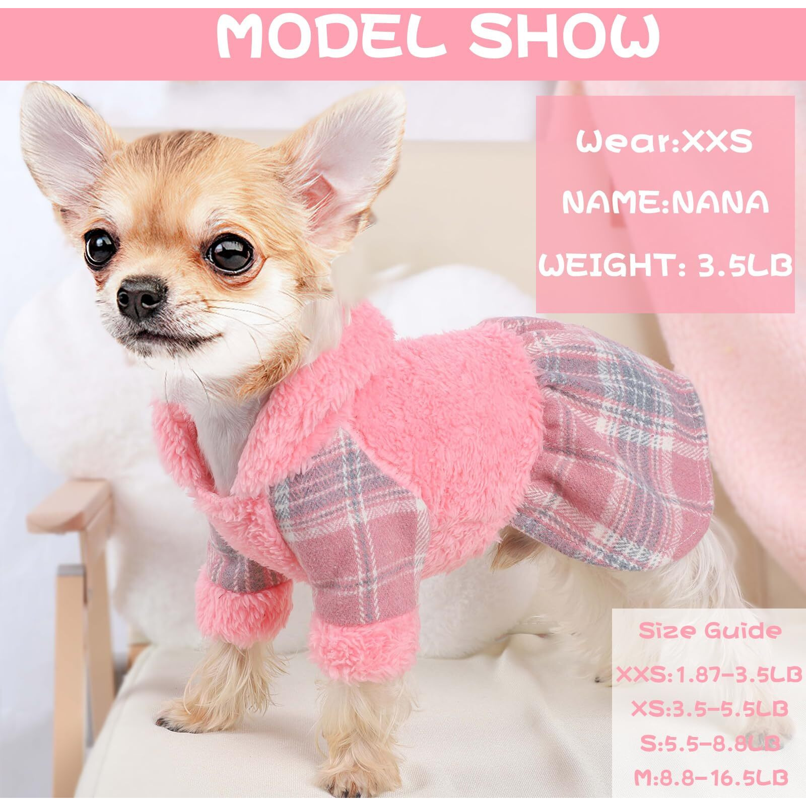 Dog Clothes For Small Dogs, Cute Warm Fleece Dog Hooded Sweater, For Small Dogs Girl, Pink Plaid Puppy Dresses Clothes For Chihuahua Yorkie,Cat Apparel (Pink, Small)
