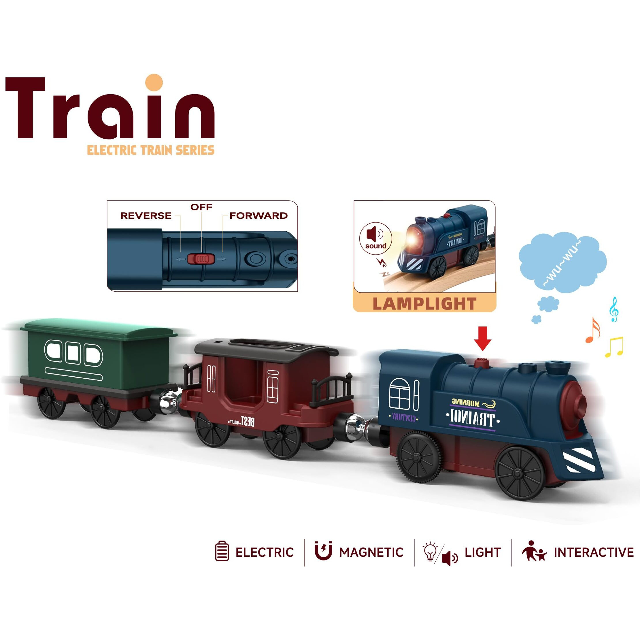 Battery Operated Train For Wooden Track, 3Pcs Train Toy Set For 3 4 5+Years Old Boy Girl Toddlers, Motorized Train Accessories Electric Train Compatible With Thomas & Friends, Brio And Chuggington