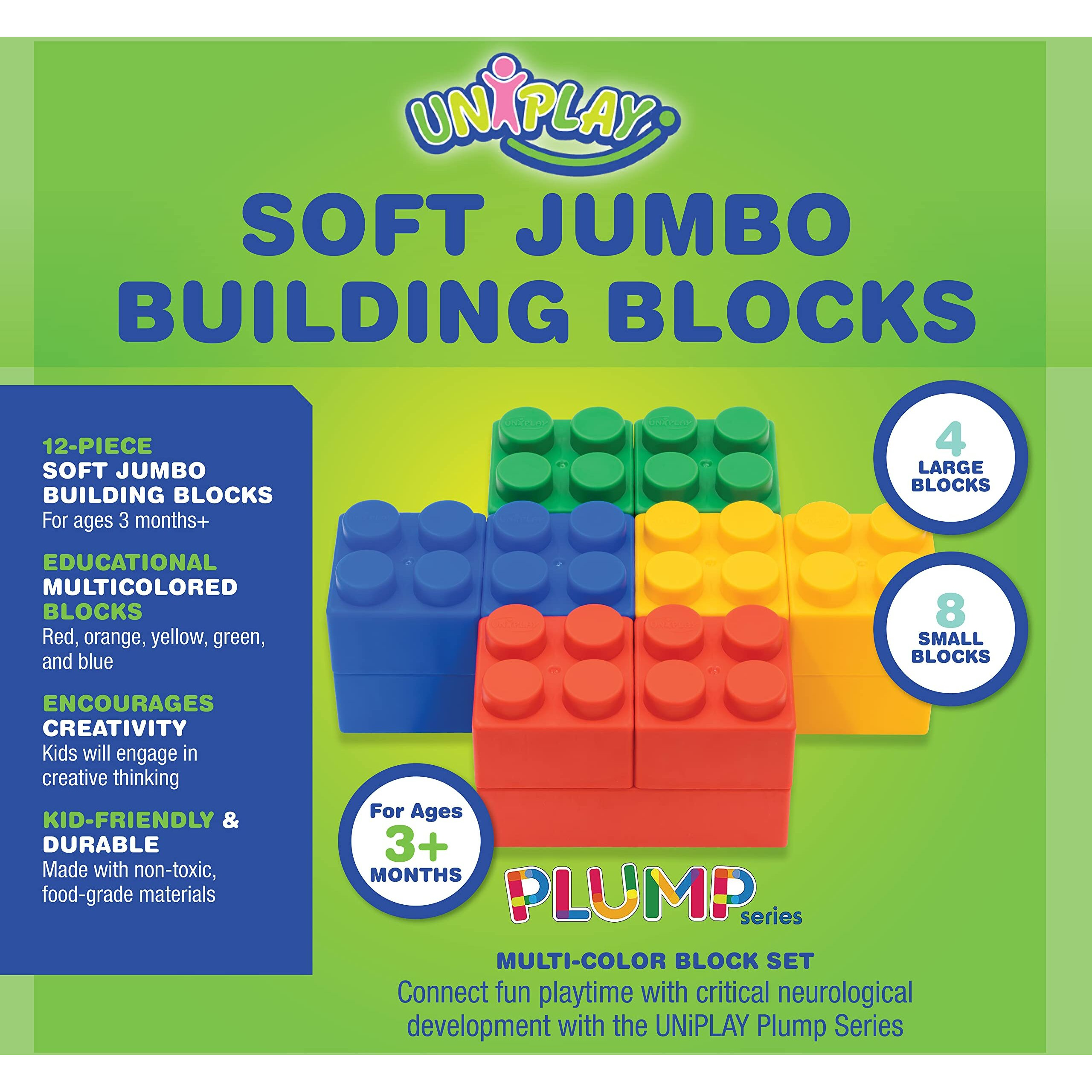 Uniplay Plump Soft Building Blocks - 12-Piece Jumbo Stacking Multicolor Set For Early Cognitive Development And Creative Play - Ages 3 Months+